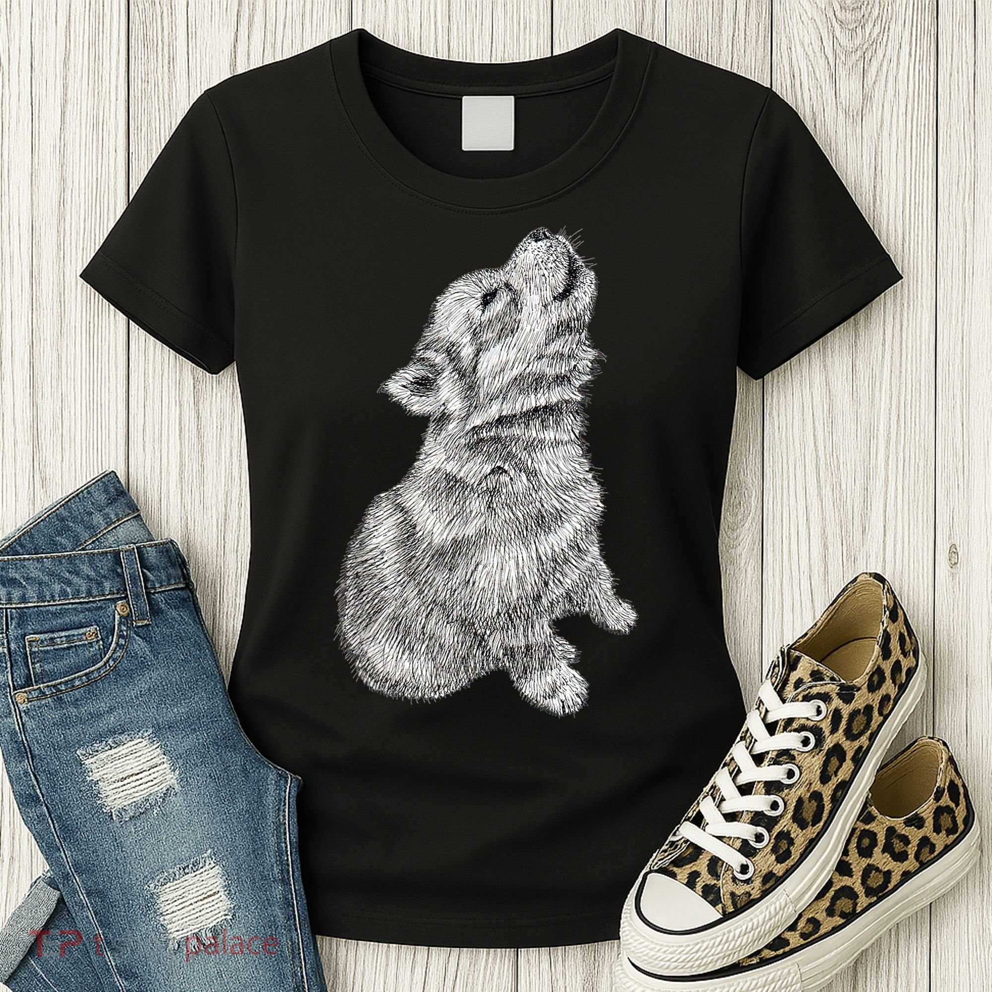 Cute Baby Howling Wolf Cub Sketch TShirt Women's T-Shirt