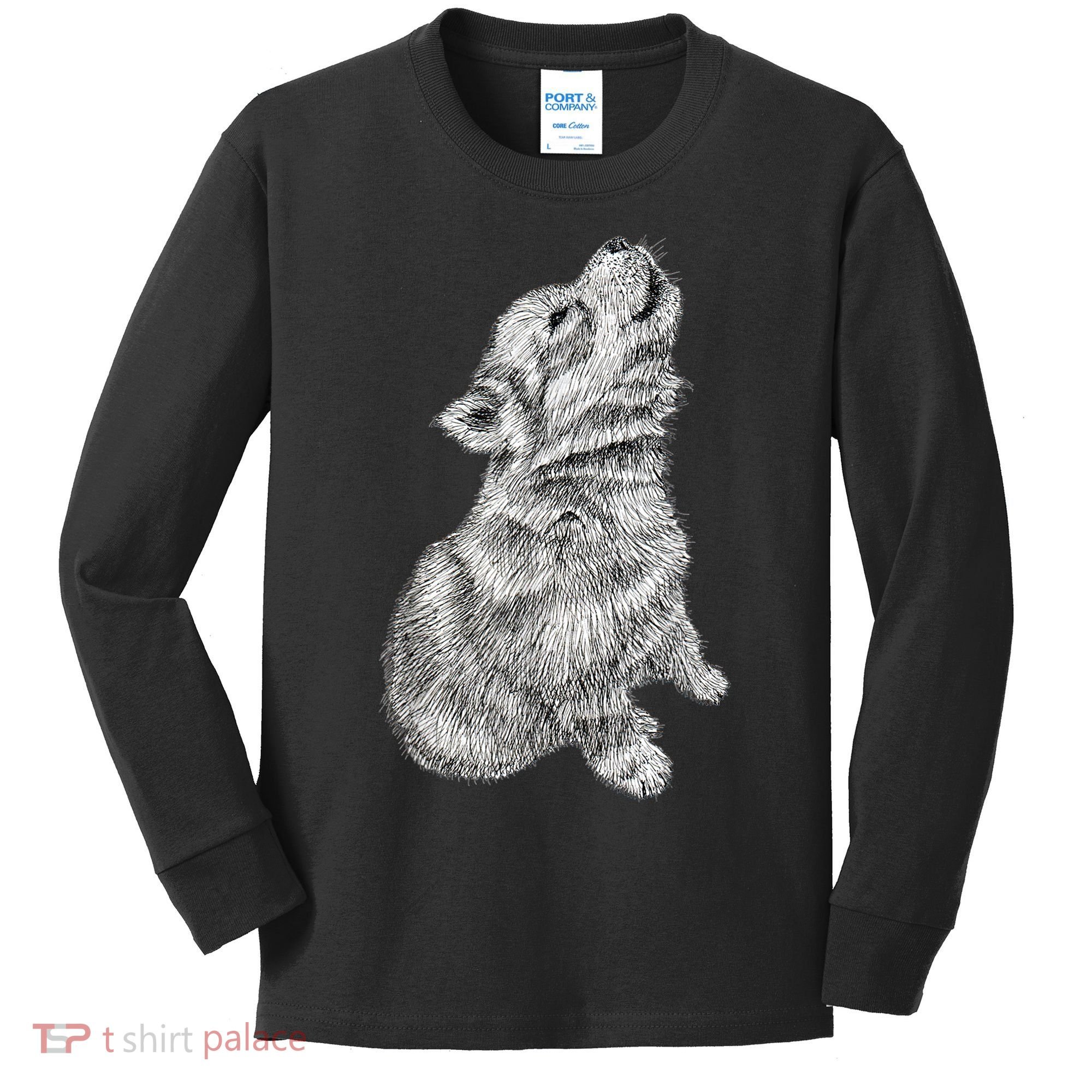 Cute Baby Howling Wolf Cub Sketch TShirt Kids Long Sleeve Shirt