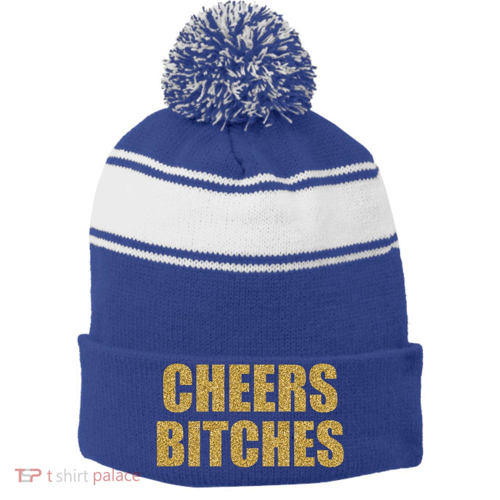 Cheers Bitches Happy New Year Celebration New Years Eve Cool Gift Stripe Pom Pom Beanie