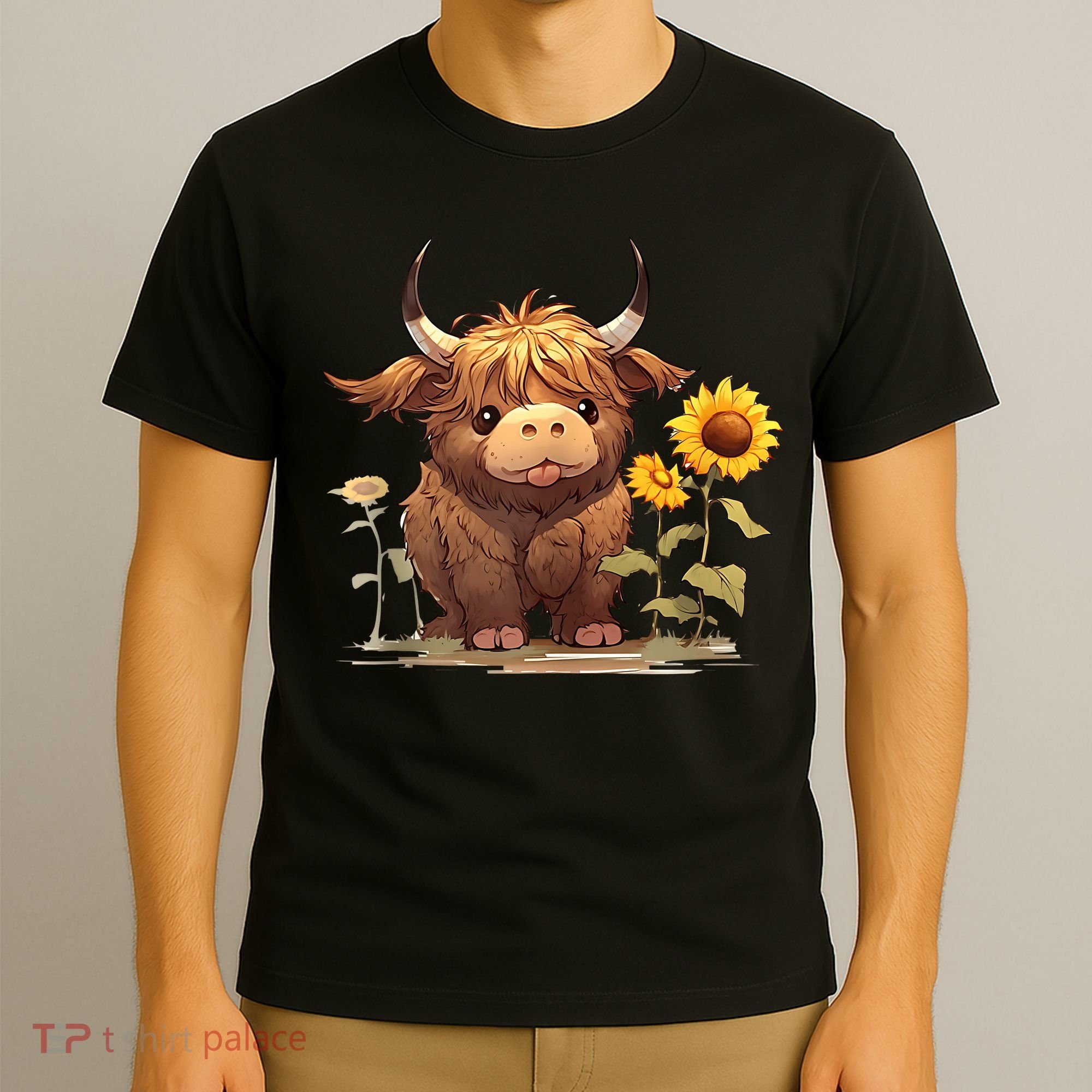 Cute Baby Highland Cow With Sunflowers Calf Animal Farm T-Shirt