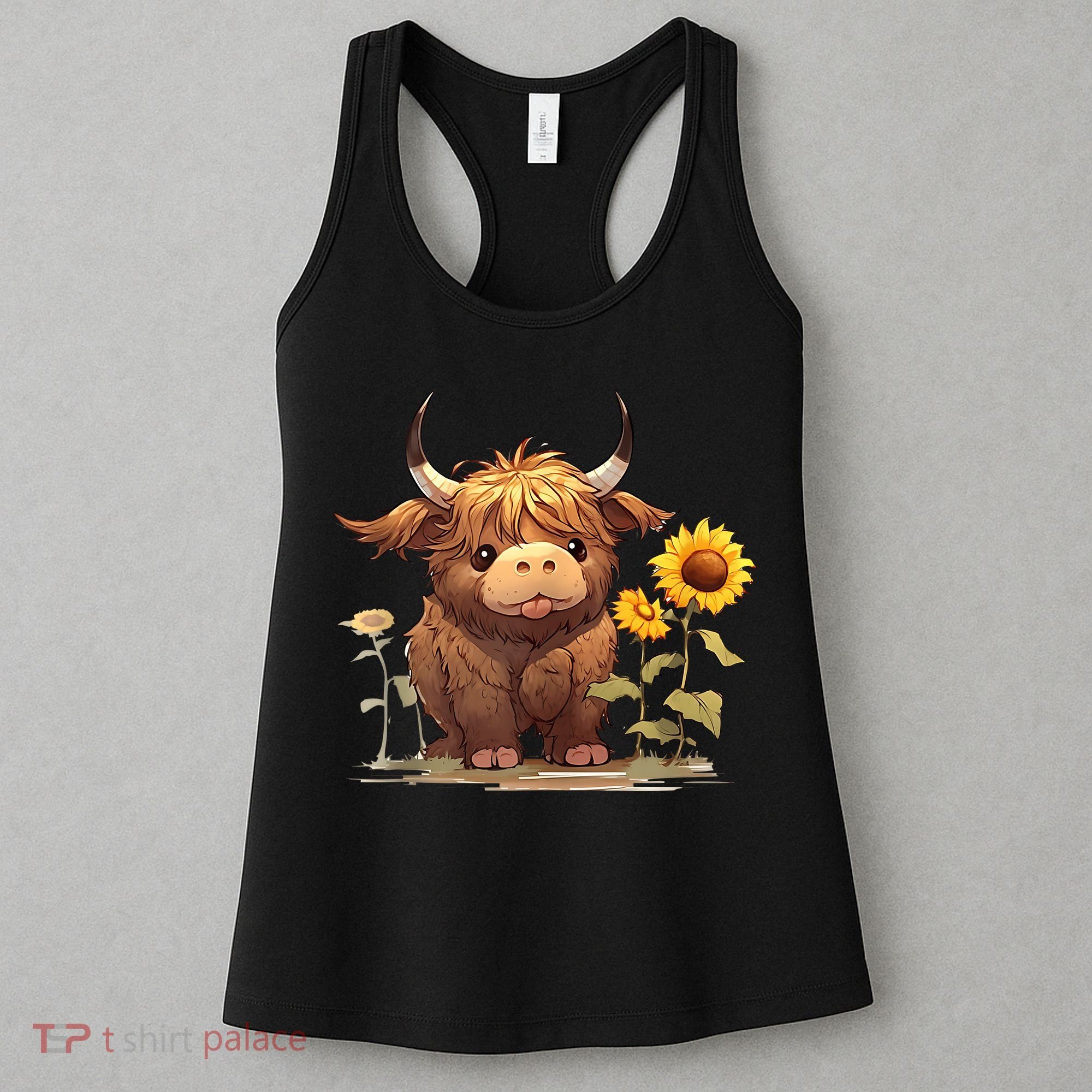 Cute Baby Highland Cow With Sunflowers Calf Animal Farm Women's Tank Top