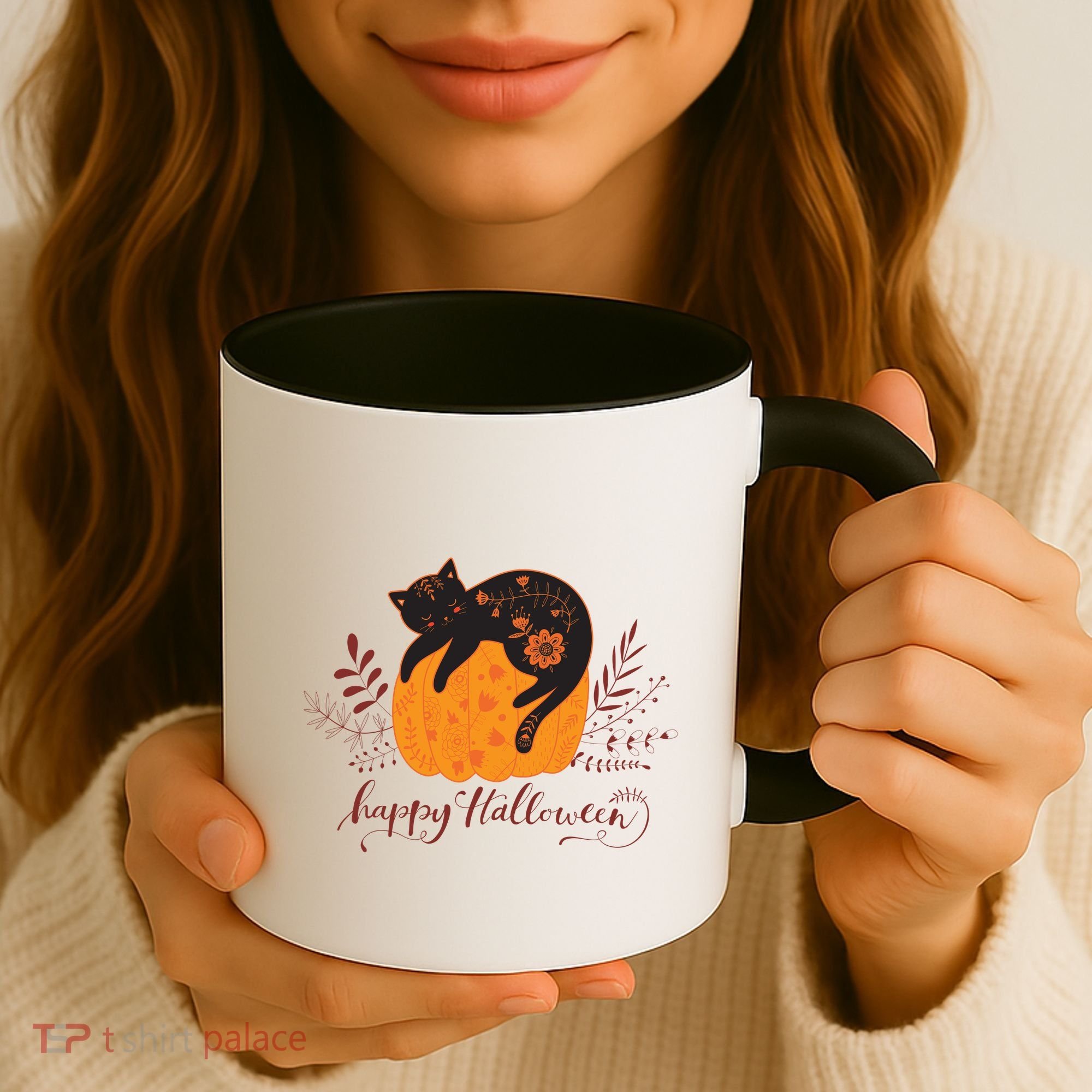 Cute Boho Halloween Black Cat Fall Pumpkin Coffee Mug