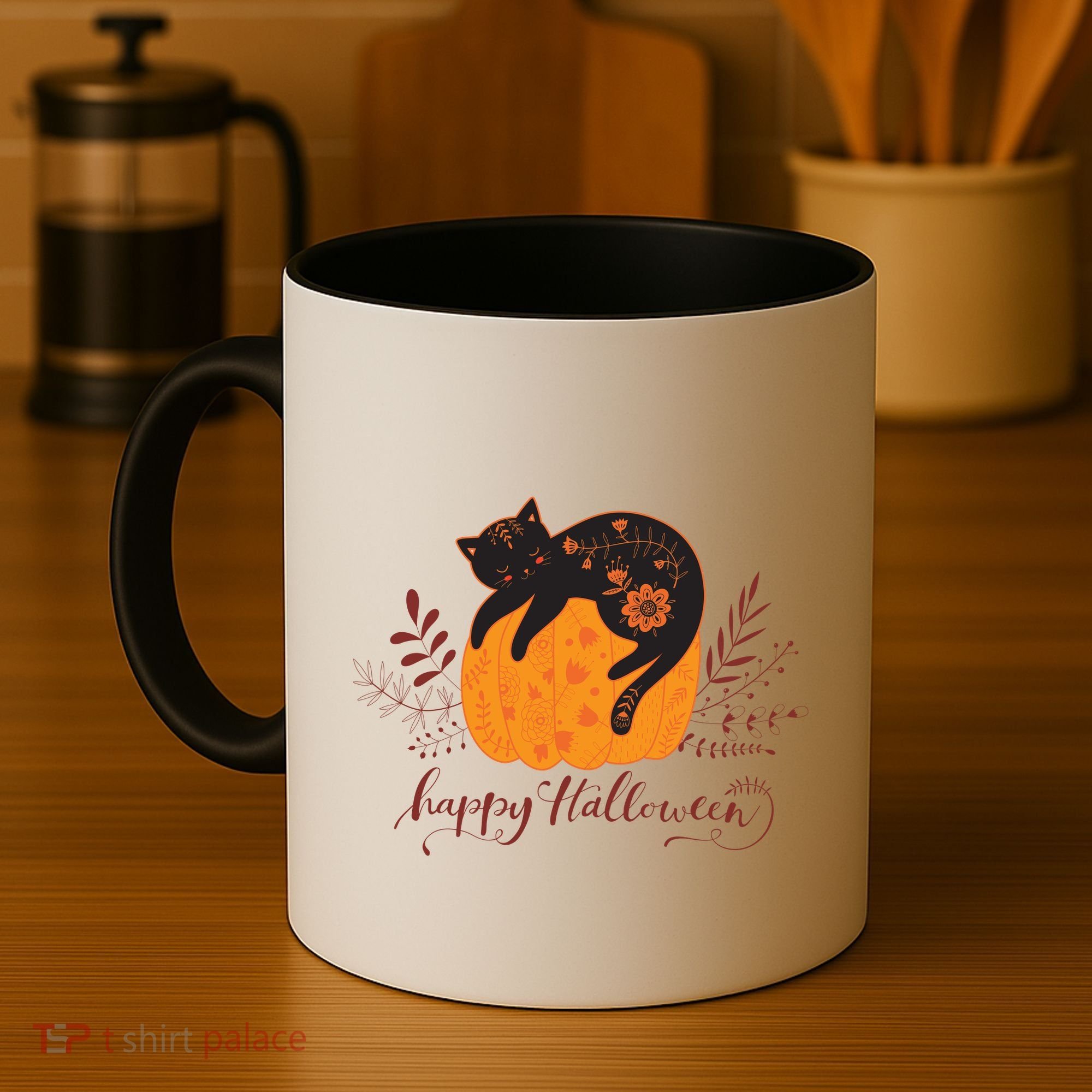 Cute Boho Halloween Black Cat Fall Pumpkin Coffee Mug