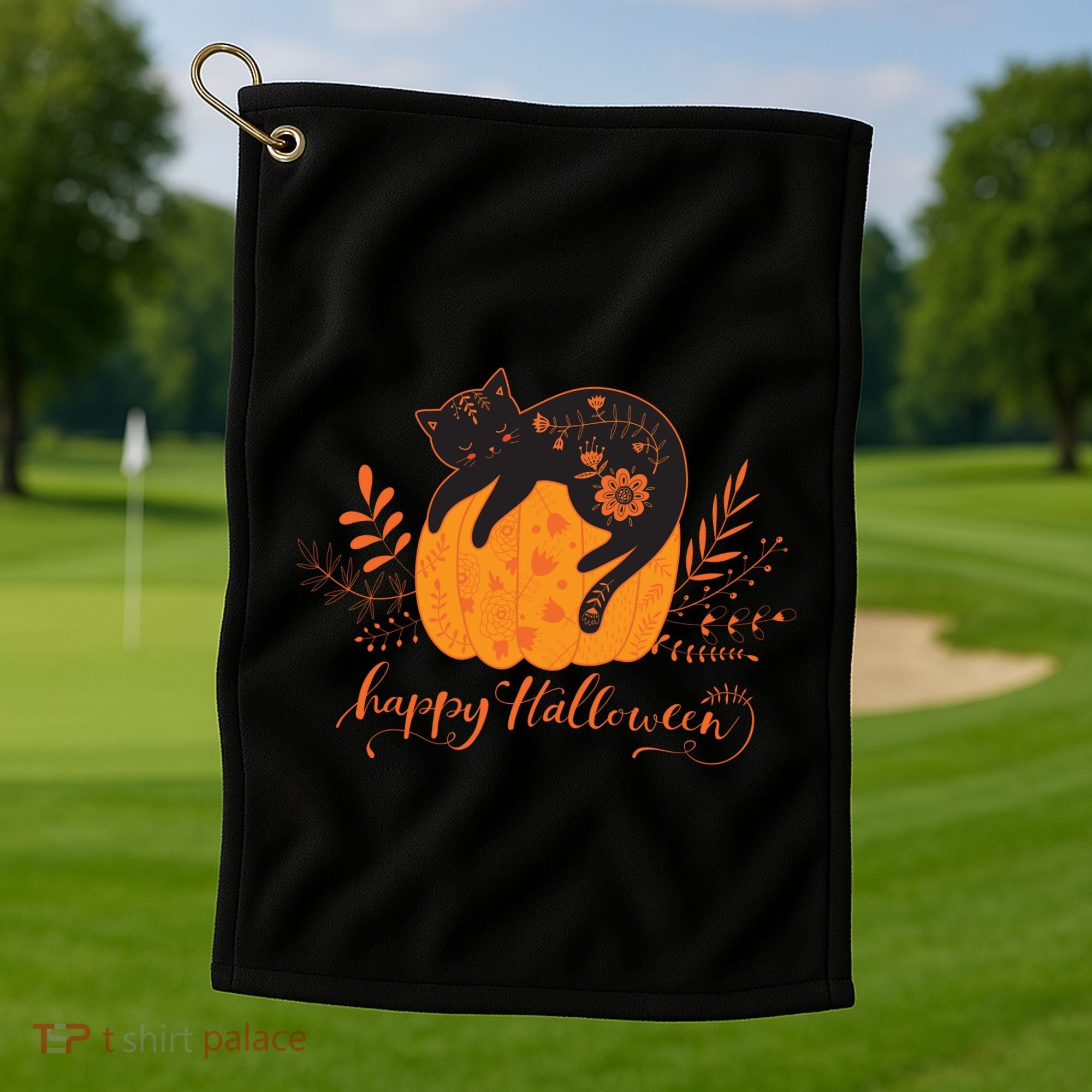 Cute Boho Halloween Black Cat Fall Pumpkin Golf Towel