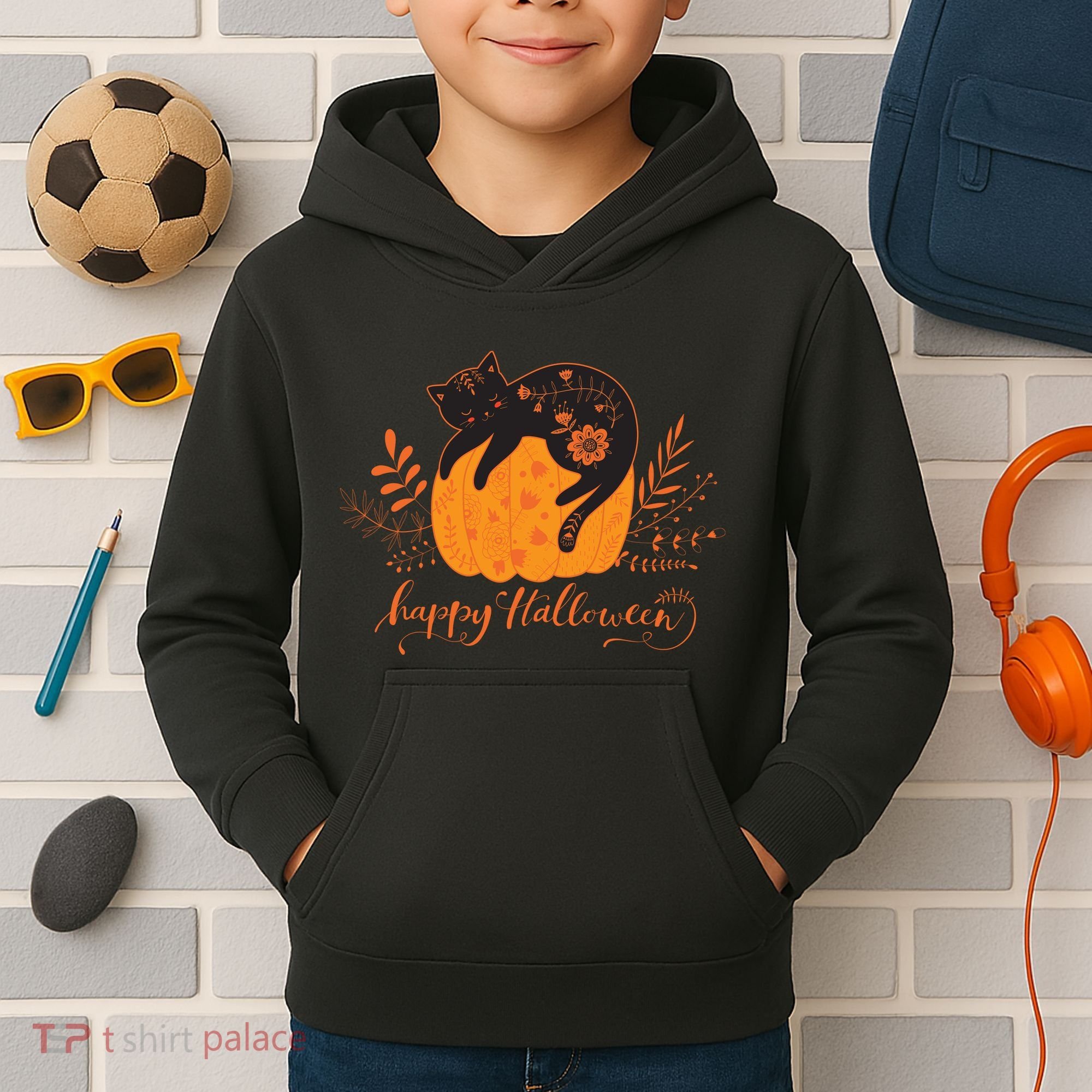 Cute Boho Halloween Black Cat Fall Pumpkin Kids Hoodie