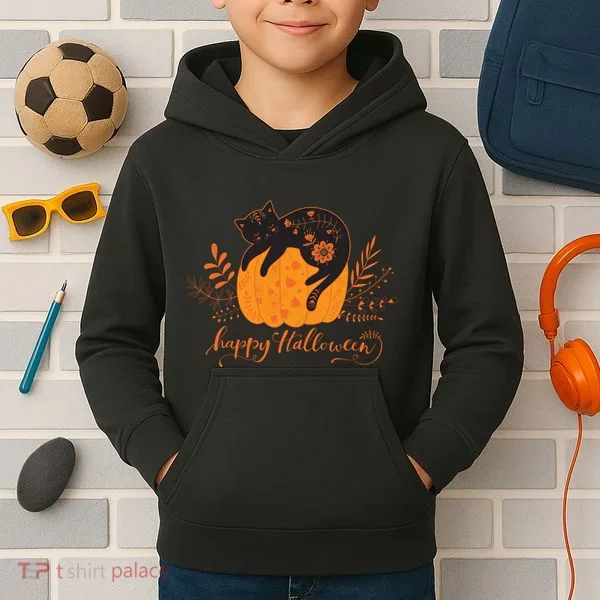 Cute Boho Halloween Black Cat Fall Pumpkin Kids Hoodie