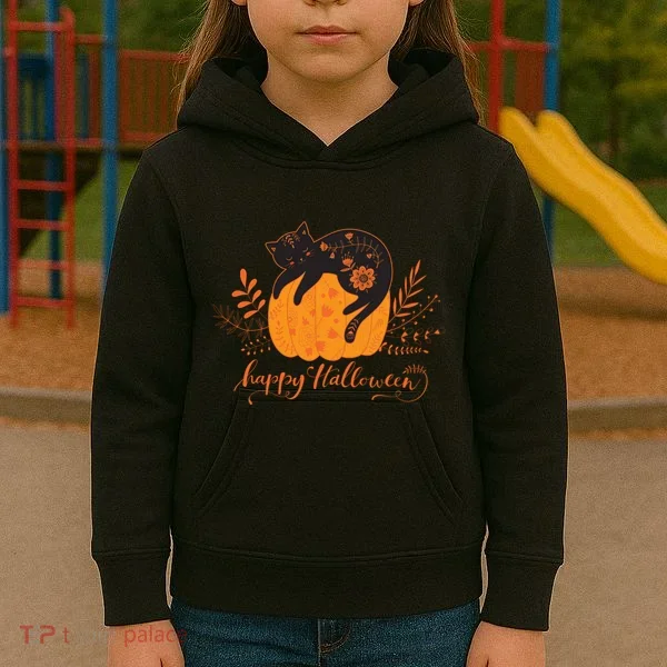 Cute Boho Halloween Black Cat Fall Pumpkin Kids Hoodie