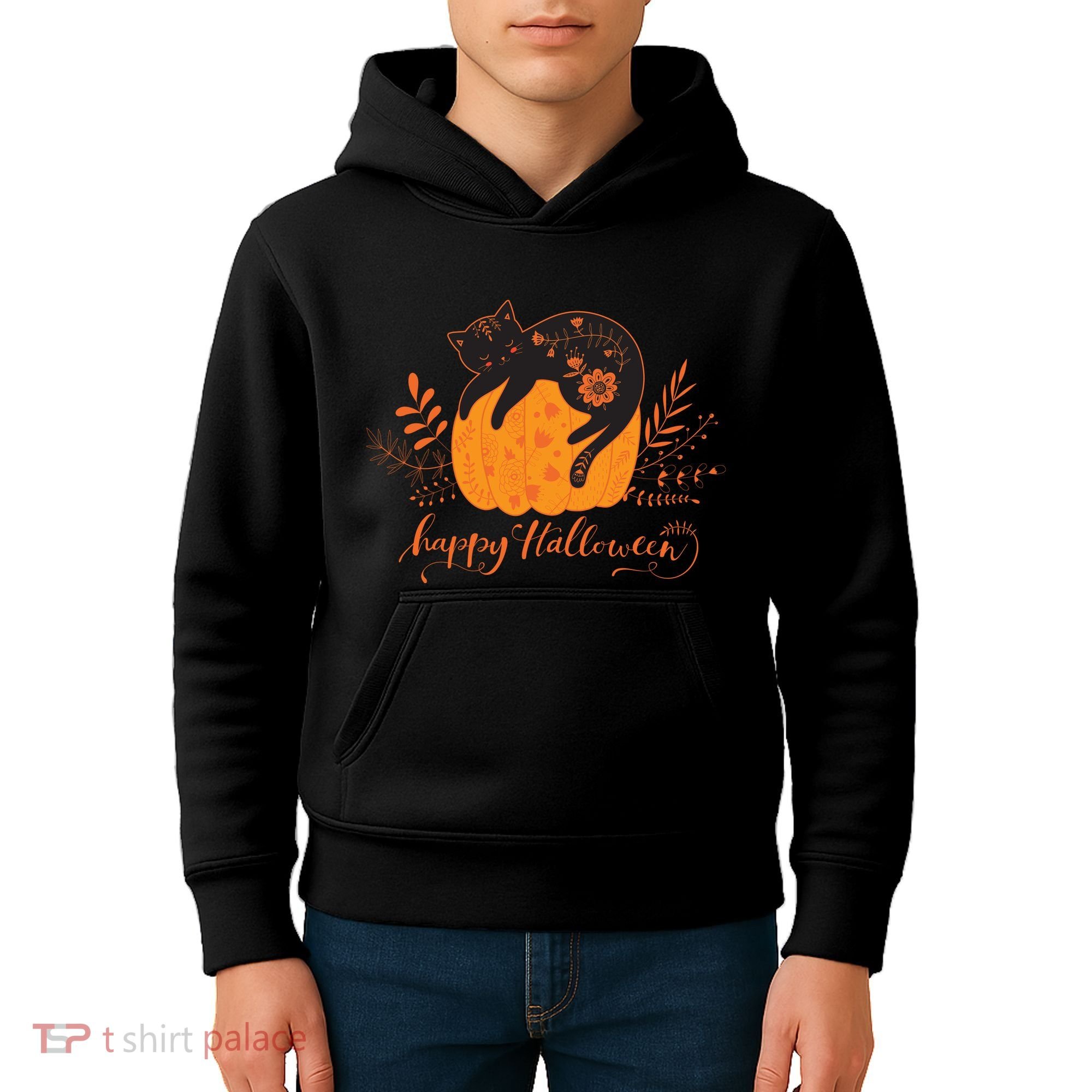 Cute Boho Halloween Black Cat Fall Pumpkin Kids Hoodie