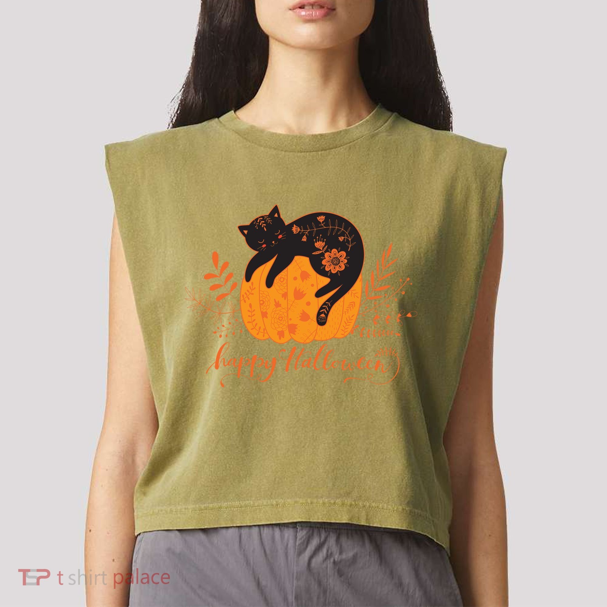 Cute Boho Halloween Black Cat Fall Pumpkin Garment-Dyed Women's Muscle Tee