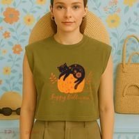 Cute Boho Halloween Black Cat Fall Pumpkin Garment-Dyed Women's Muscle Tee thumb 4
