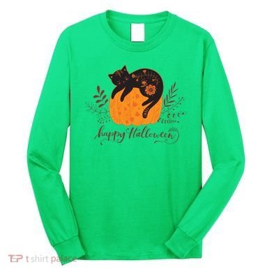 Cute Boho Halloween Black Cat Fall Pumpkin Long Sleeve Shirt