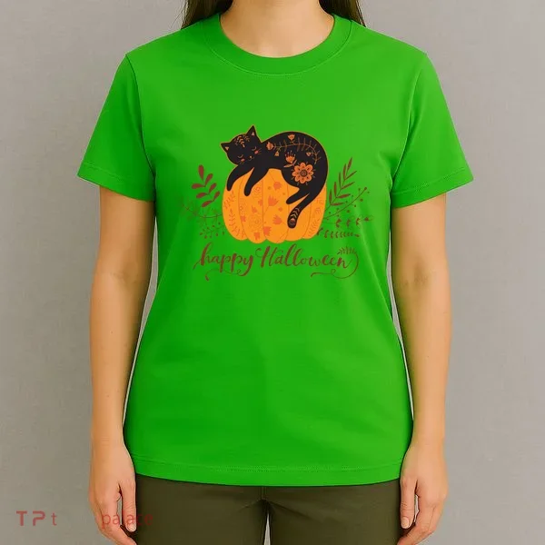 Cute Boho Halloween Black Cat Fall Pumpkin T-Shirt