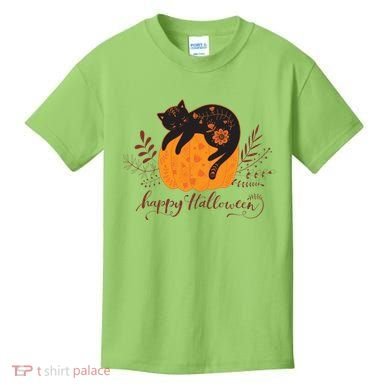 Cute Boho Halloween Black Cat Fall Pumpkin Kids T-Shirt