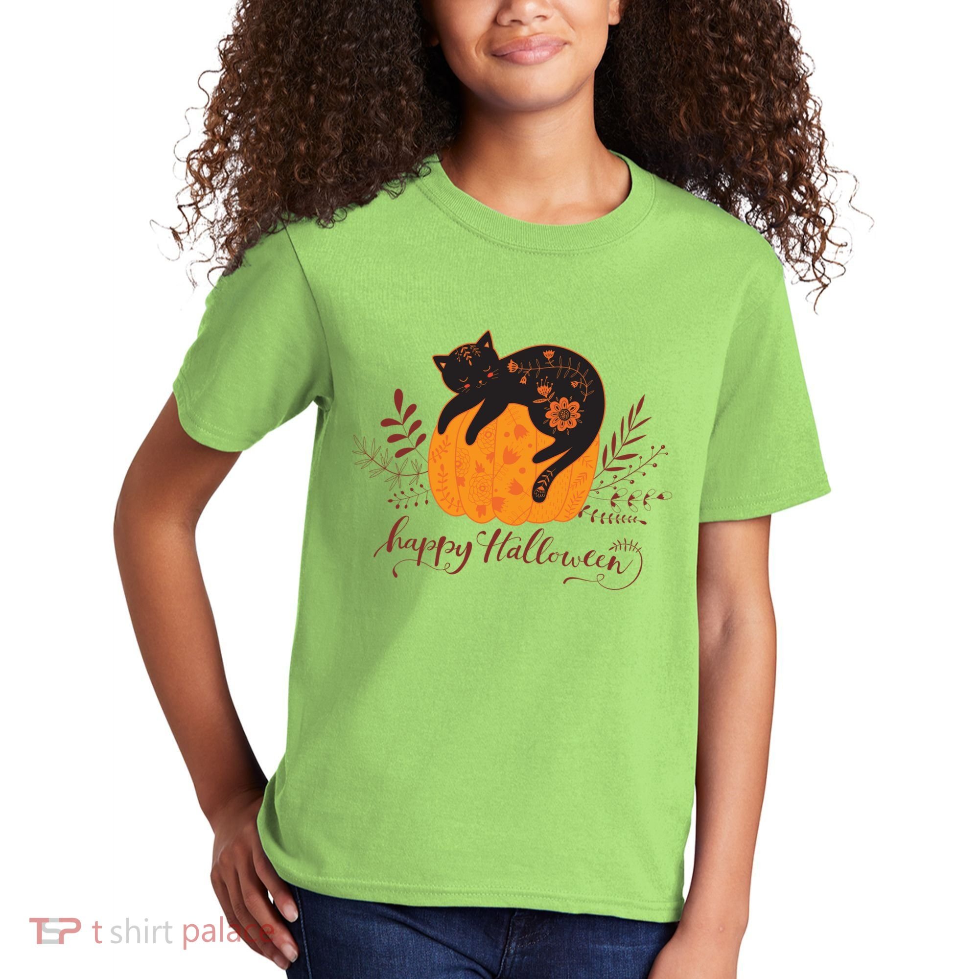 Cute Boho Halloween Black Cat Fall Pumpkin Kids T-Shirt