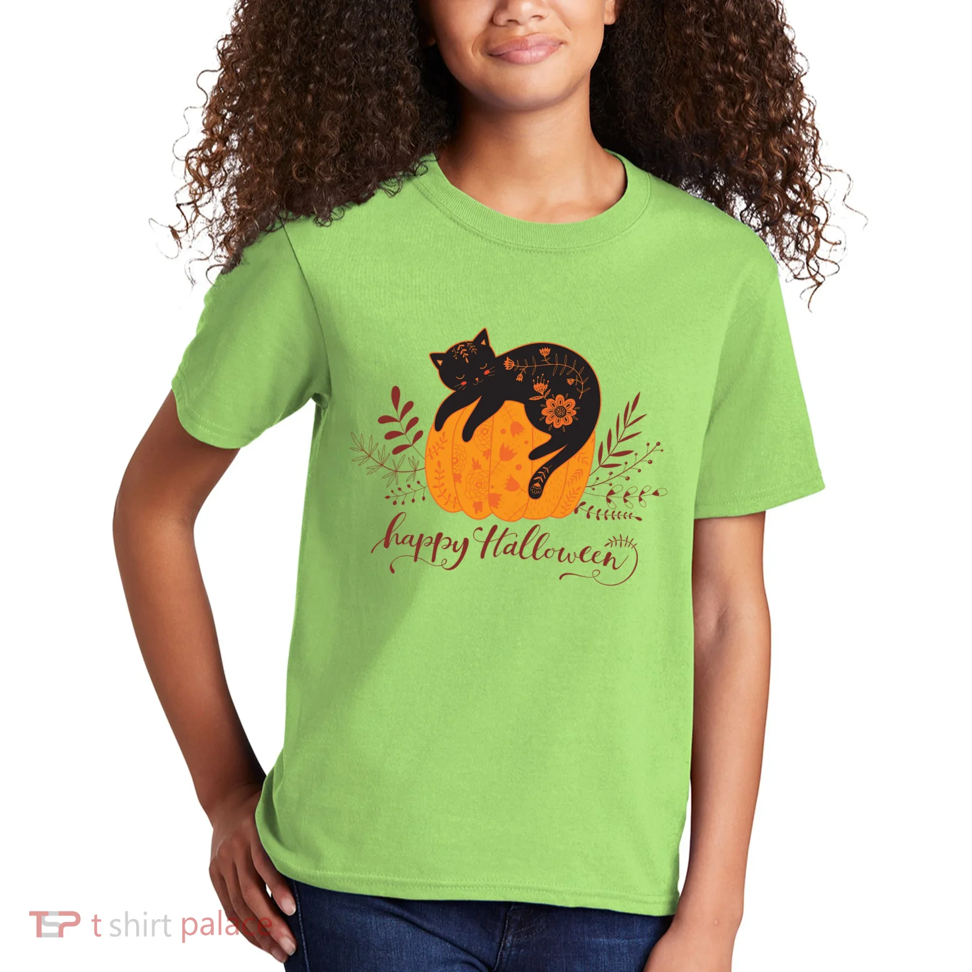 Cute Boho Halloween Black Cat Fall Pumpkin Kids T-Shirt