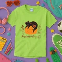 Cute Boho Halloween Black Cat Fall Pumpkin Kids T-Shirt thumb 3