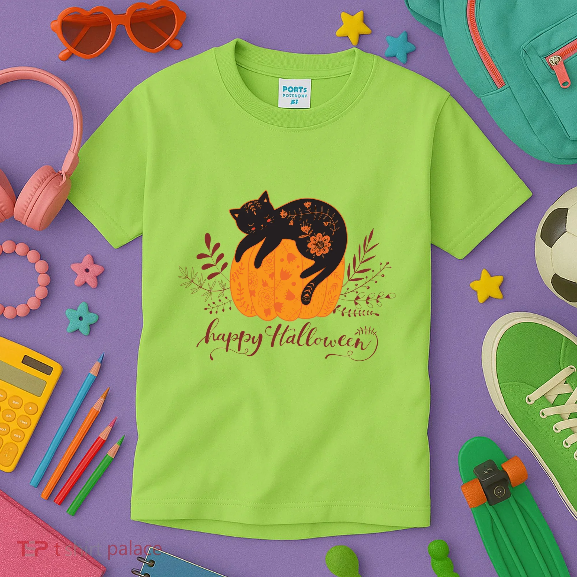 Cute Boho Halloween Black Cat Fall Pumpkin Kids T-Shirt