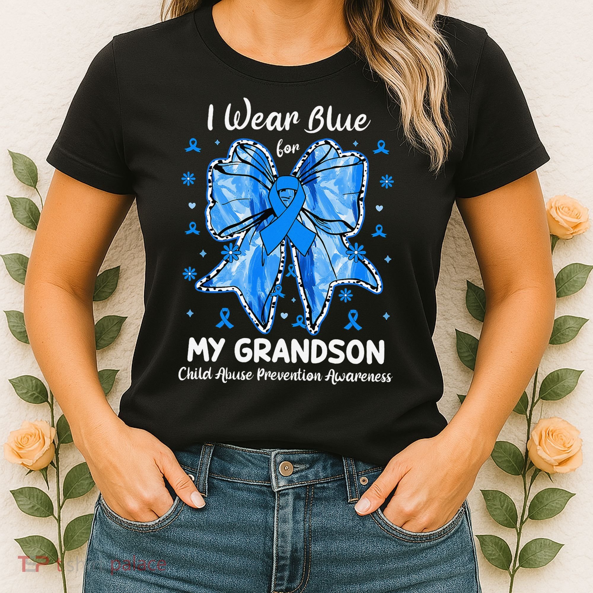 Coquette Bow I Wear Blue For My Grandson Child Abuse Women's T-Shirt