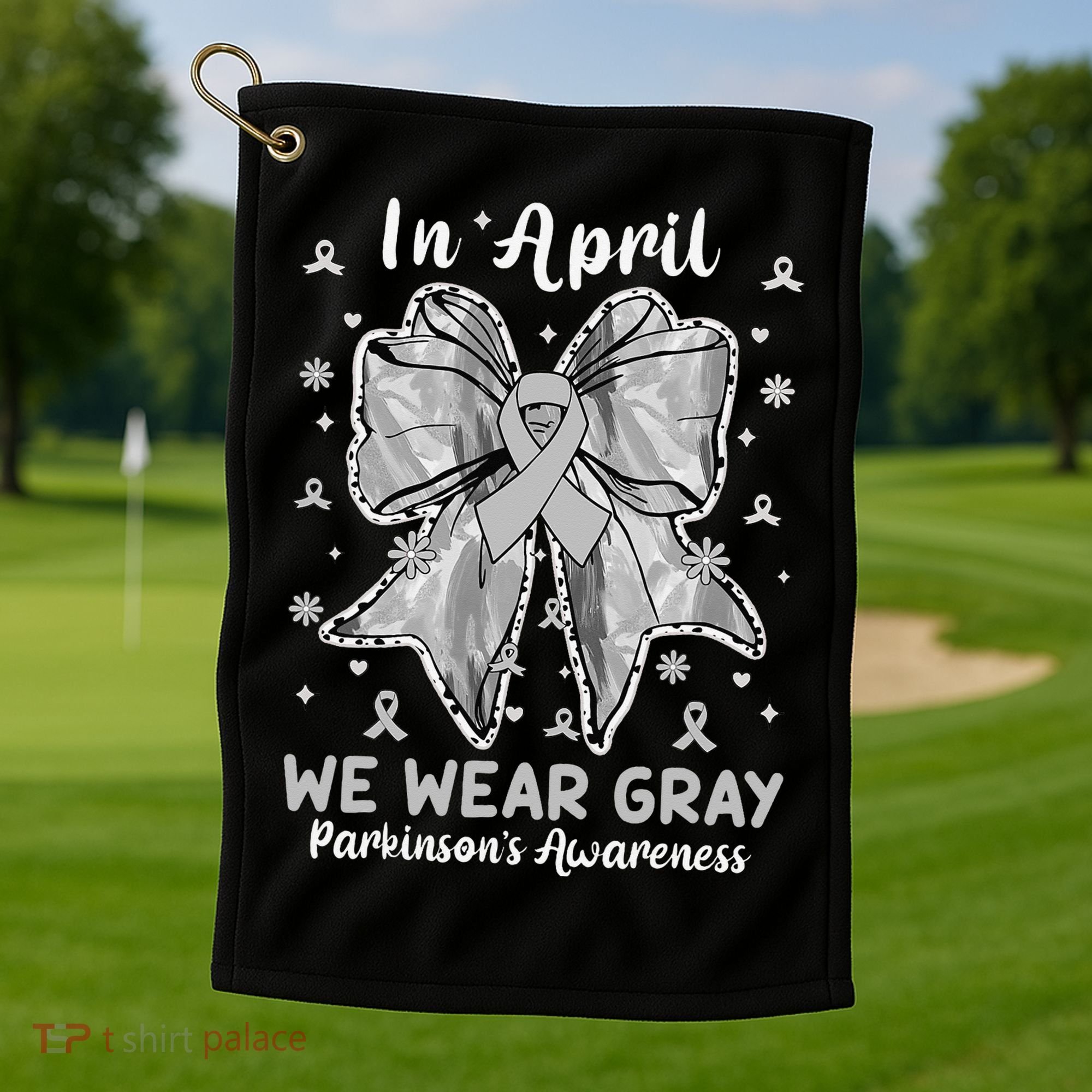 Coquette Bow In April We Wear Gray Parkinsons Awareness Golf Towel