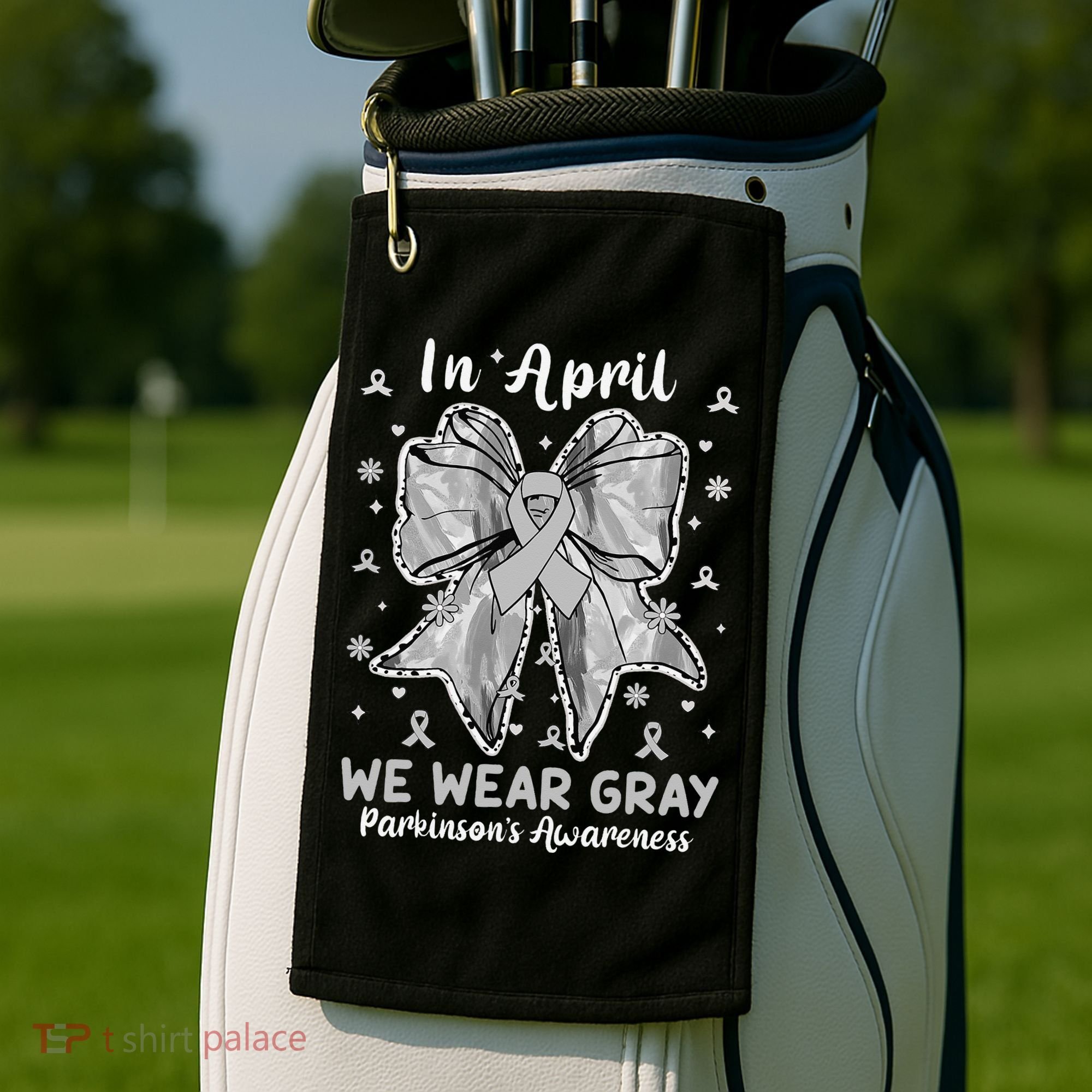 Coquette Bow In April We Wear Gray Parkinsons Awareness Golf Towel