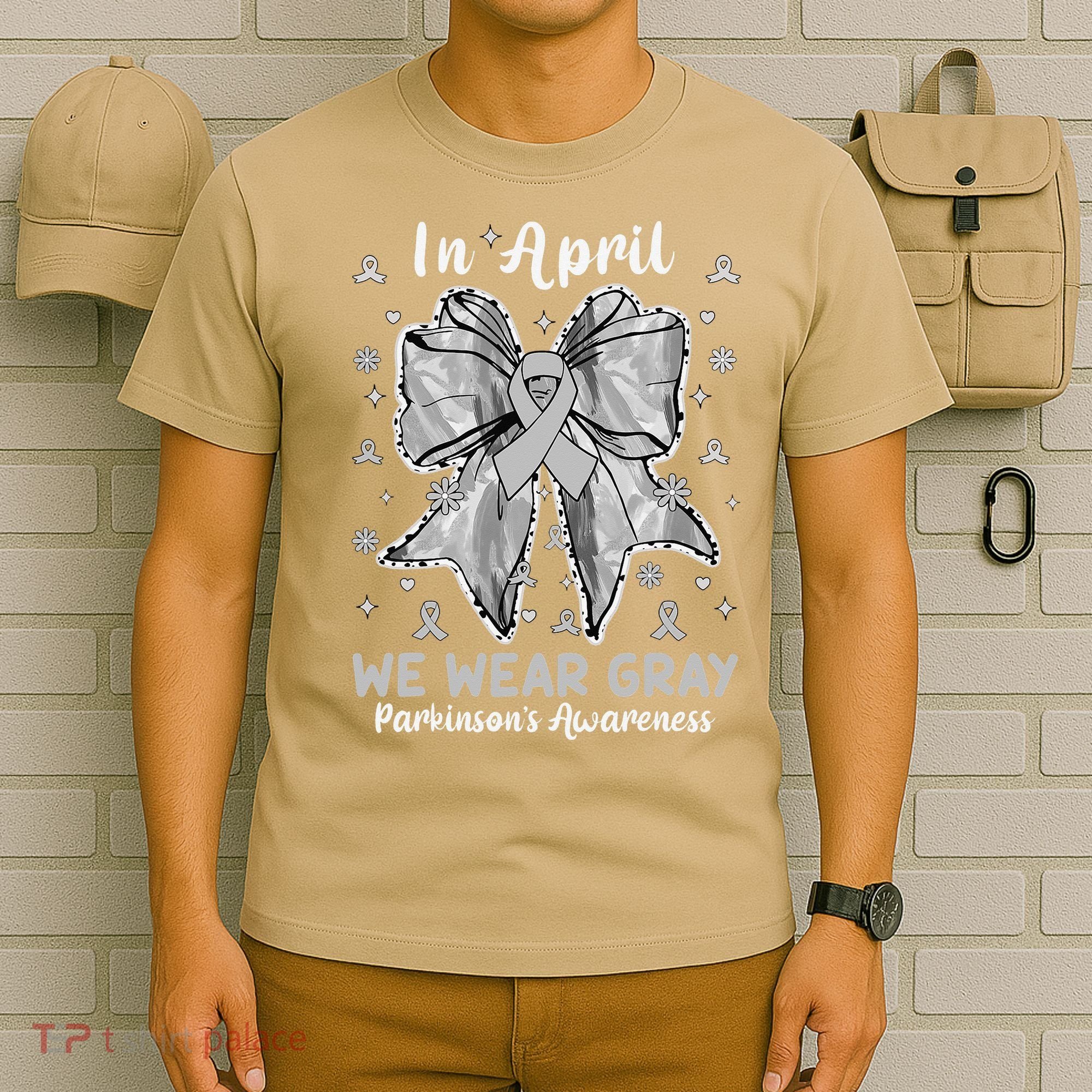 Coquette Bow In April We Wear Gray Parkinsons Awareness T-Shirt