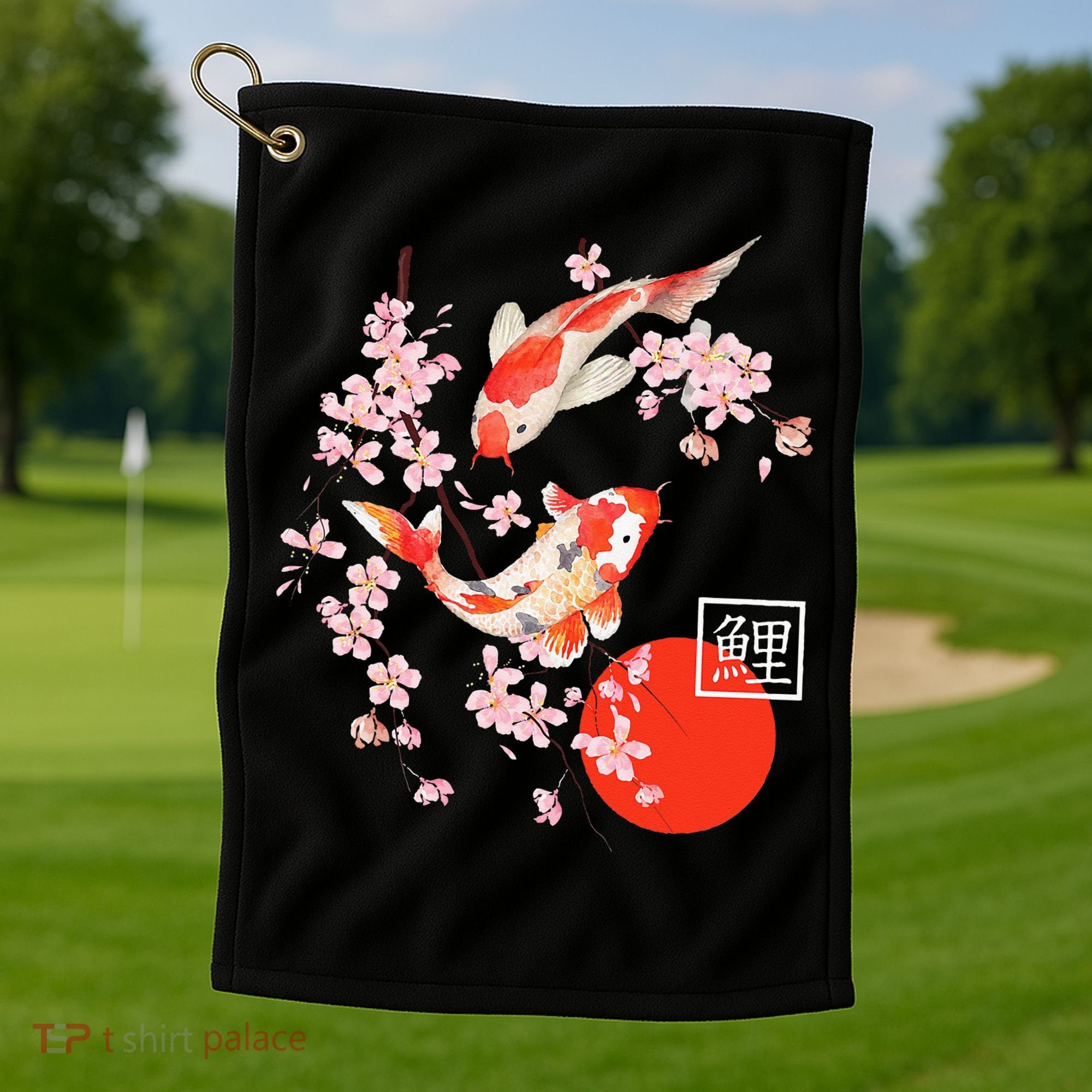 Cherry Blossom Koi Carp Fish Japanese Sakura Graphic Art Golf Towel