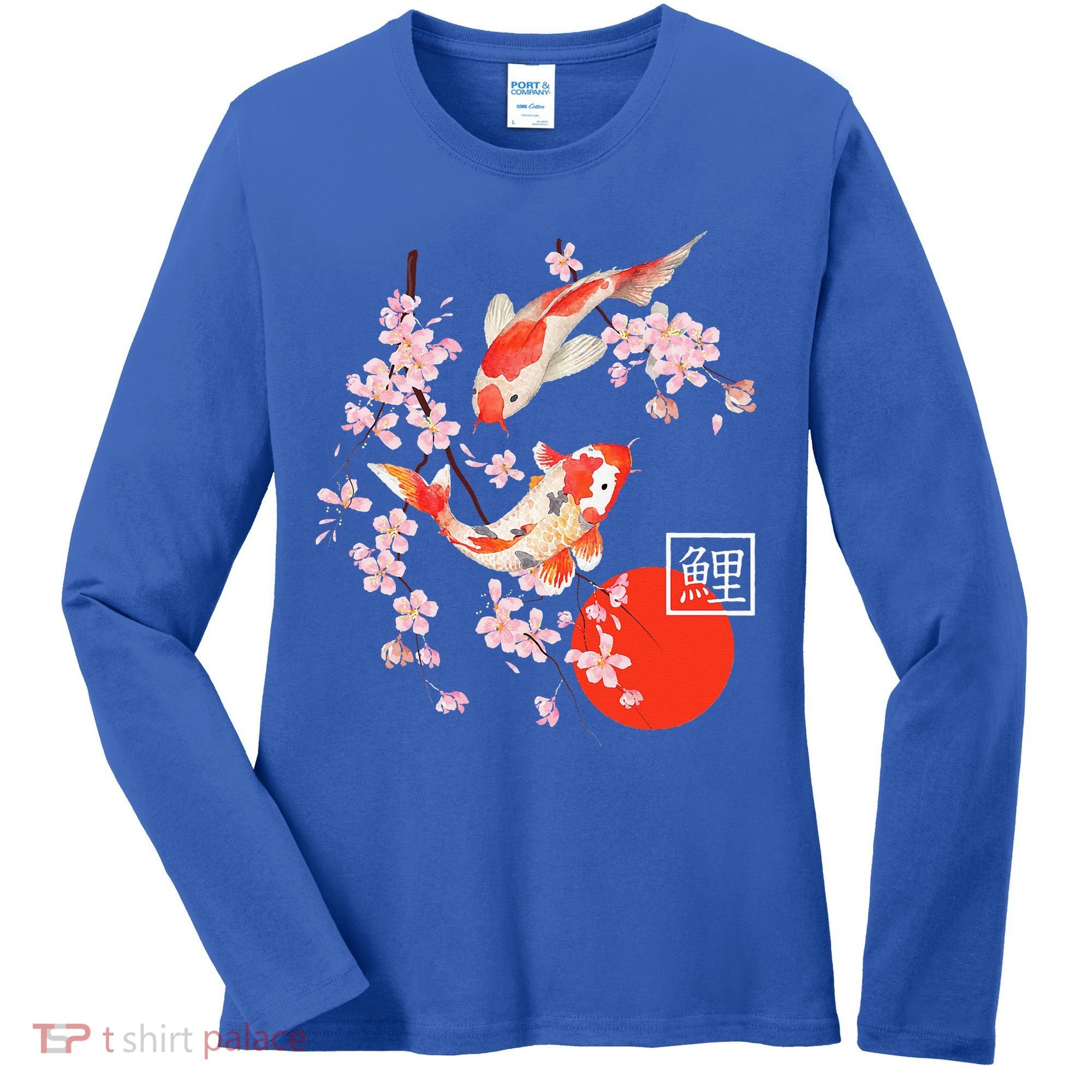 Cherry Blossom Koi Carp Fish Japanese Sakura Graphic Art Women's Long Sleeve Shirt