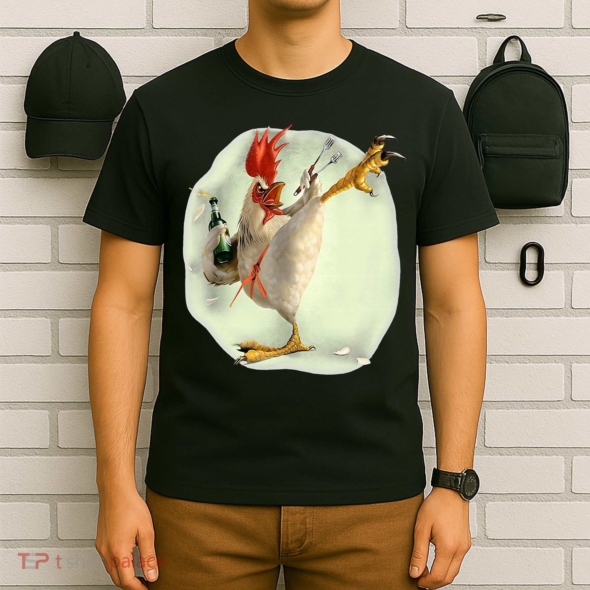 Chicken Beer Karate Kick Cool Chicken Funny Chicken Farmer T-Shirt