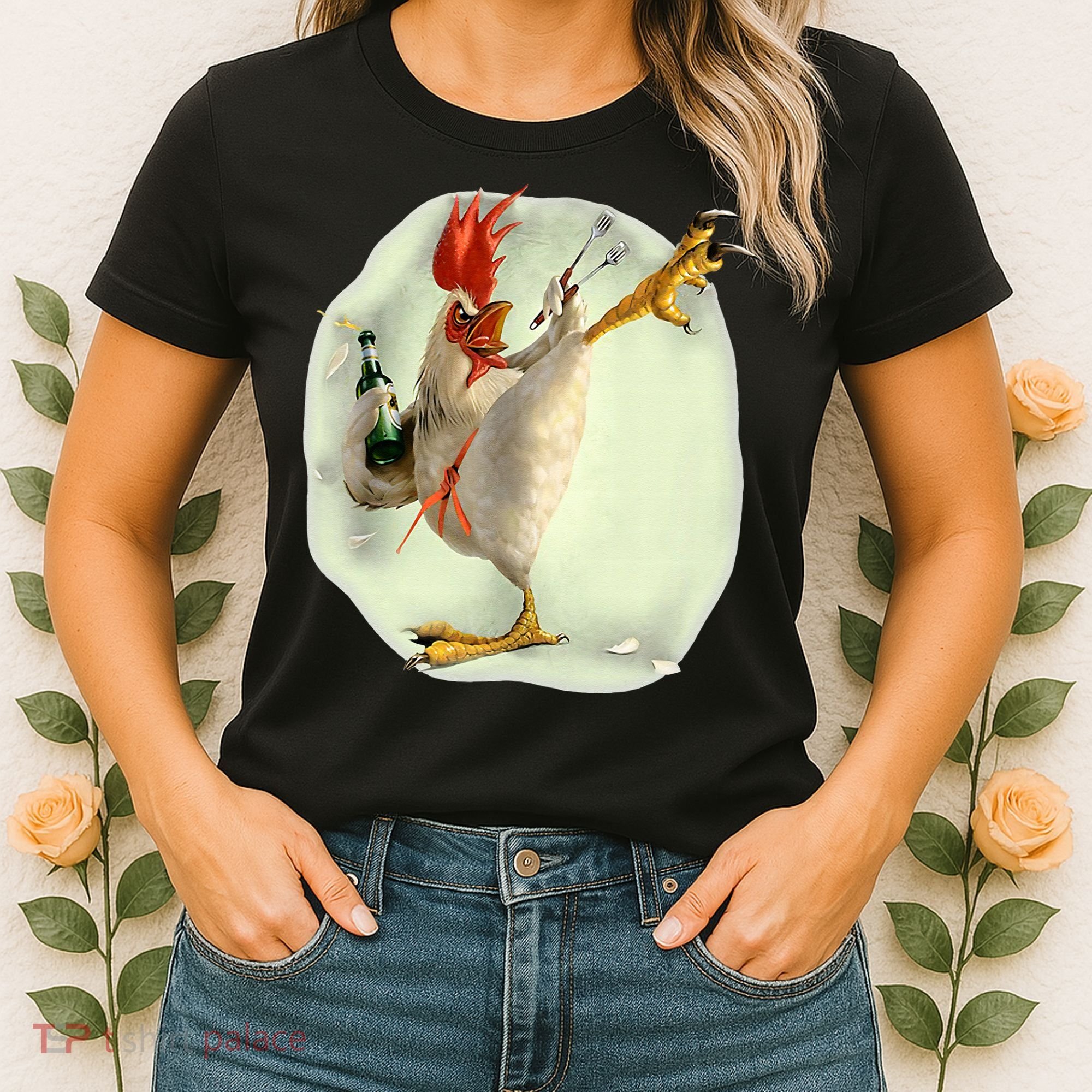 Chicken Beer Karate Kick Cool Chicken Funny Chicken Farmer Women's T-Shirt