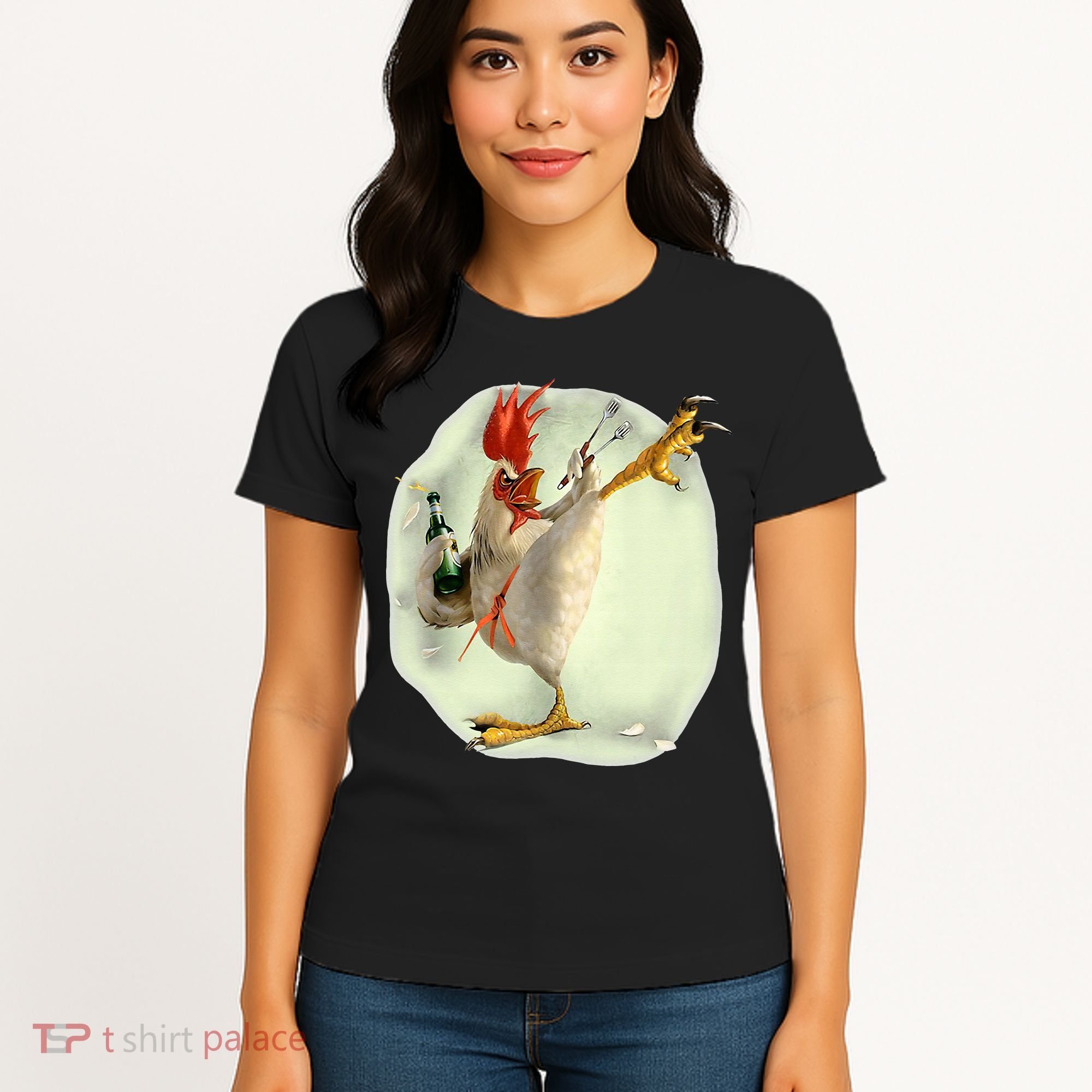 Chicken Beer Karate Kick Cool Chicken Funny Chicken Farmer Women's T-Shirt