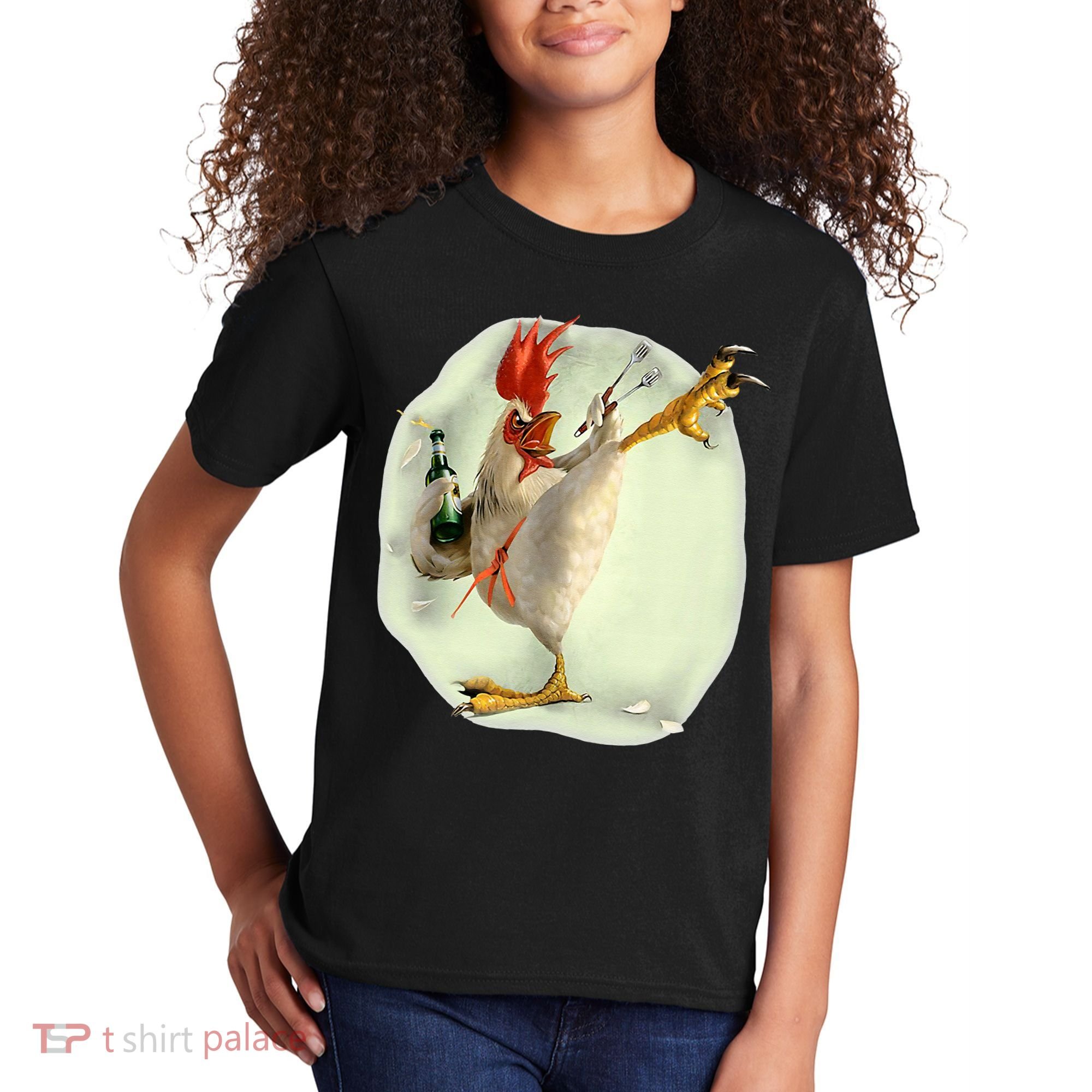 Chicken Beer Karate Kick Cool Chicken Funny Chicken Farmer Kids T-Shirt