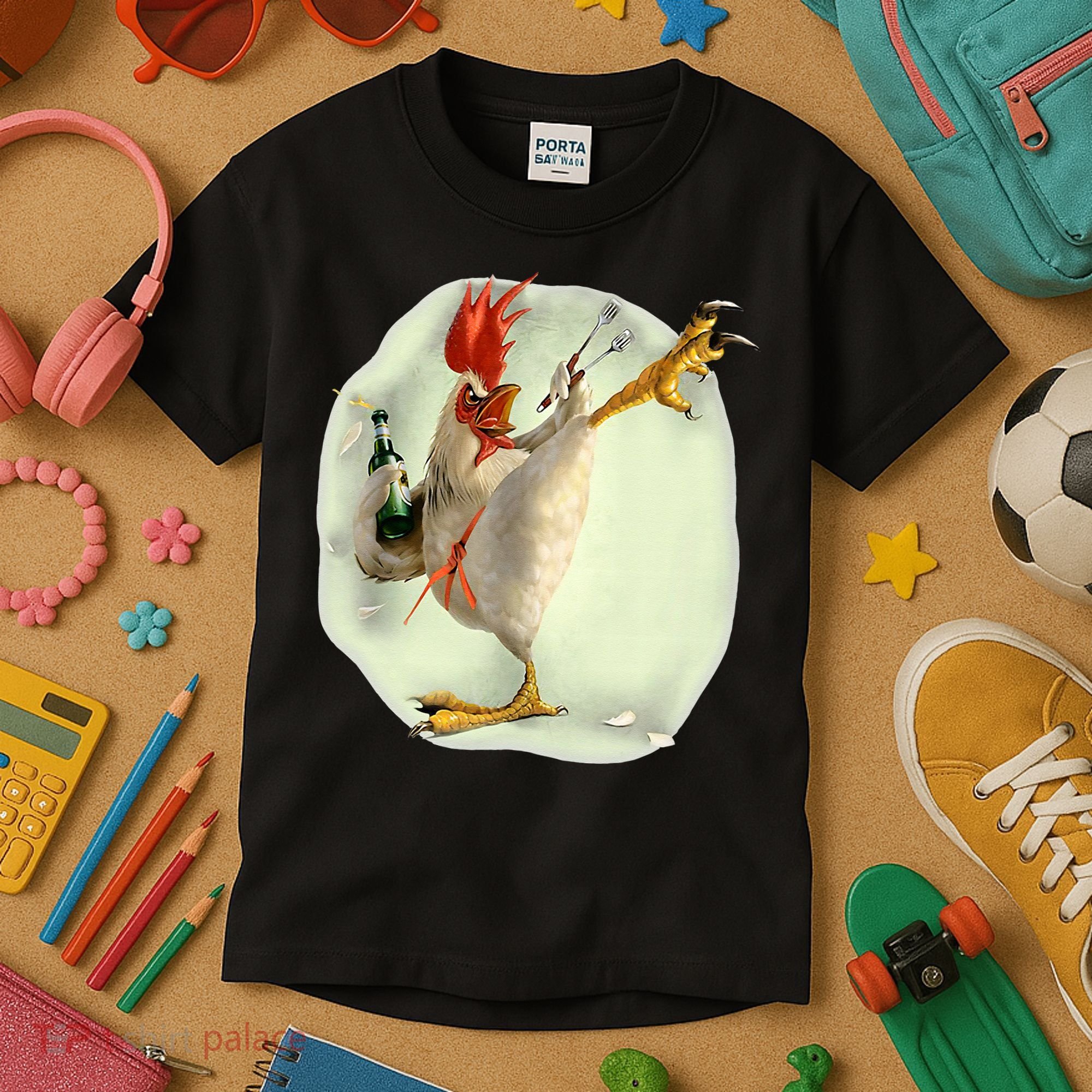 Chicken Beer Karate Kick Cool Chicken Funny Chicken Farmer Kids T-Shirt