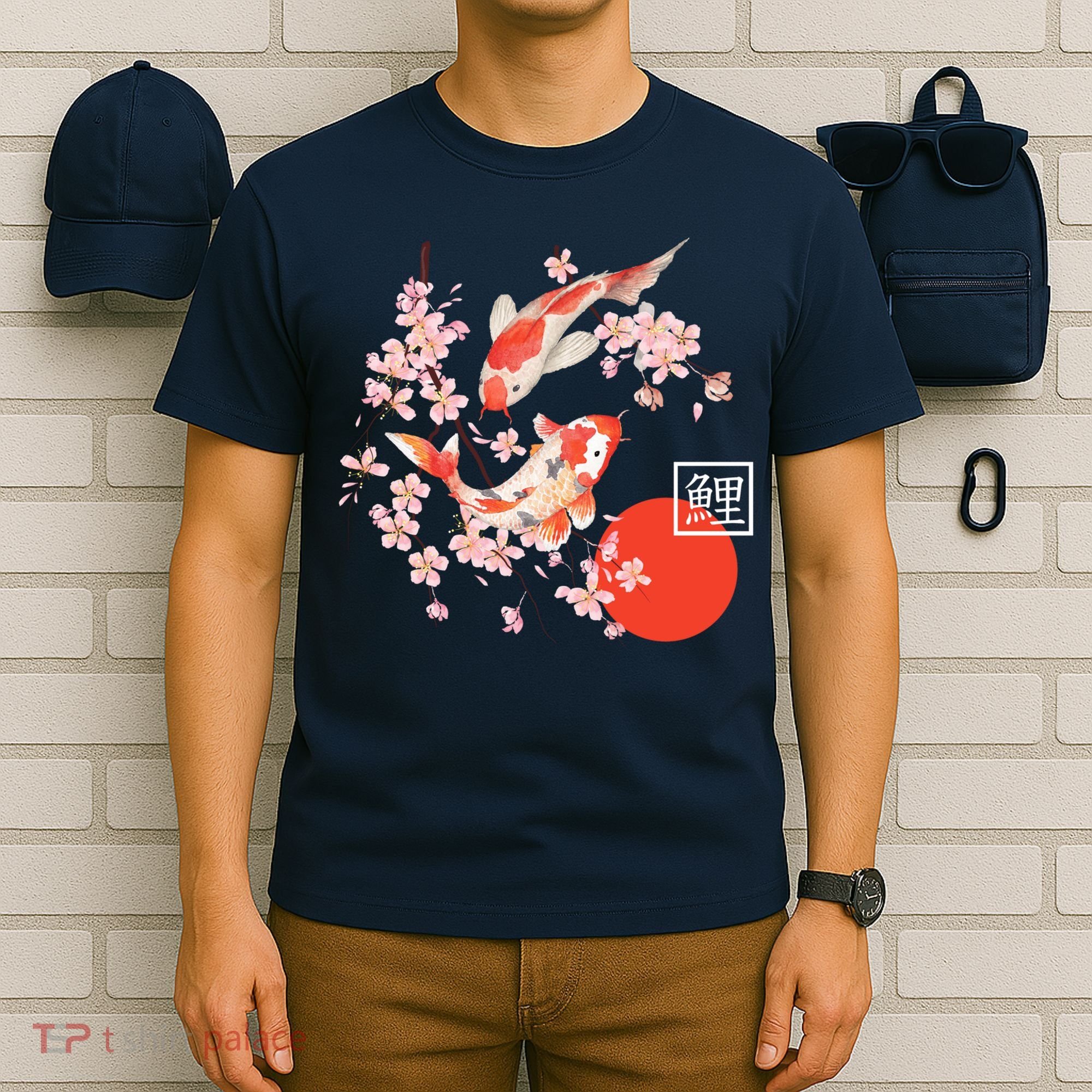 Cherry Blossom Koi Carp Fish Japanese Sakura Graphic Art T-Shirt