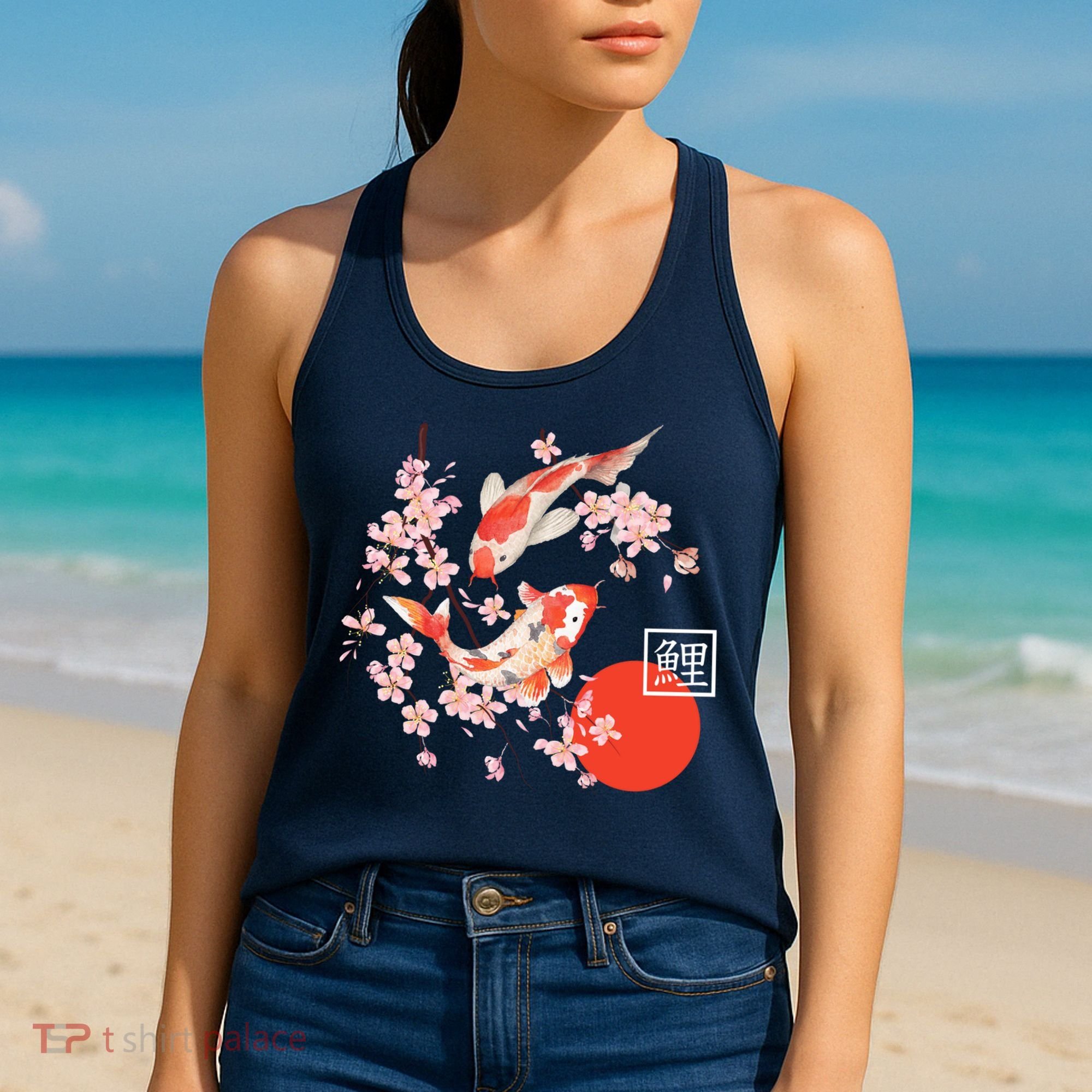 Cherry Blossom Koi Carp Fish Japanese Sakura Graphic Art Women's Tank Top