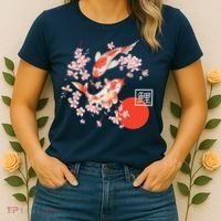 Cherry Blossom Koi Carp Fish Japanese Sakura Graphic Art Women's T-Shirt thumb 2