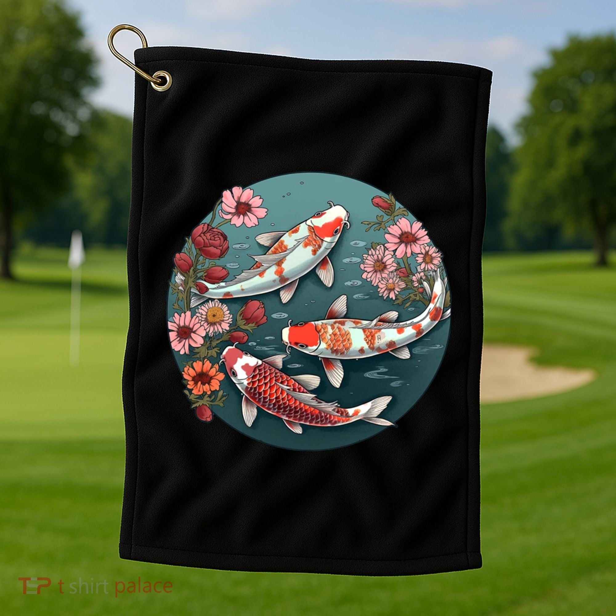 Cherry Blossom Koi Fish Japanese Golf Towel