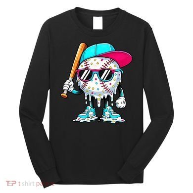 Cool Baseball Life Style Ice Cream Melting Drip Graphic Long Sleeve Shirt