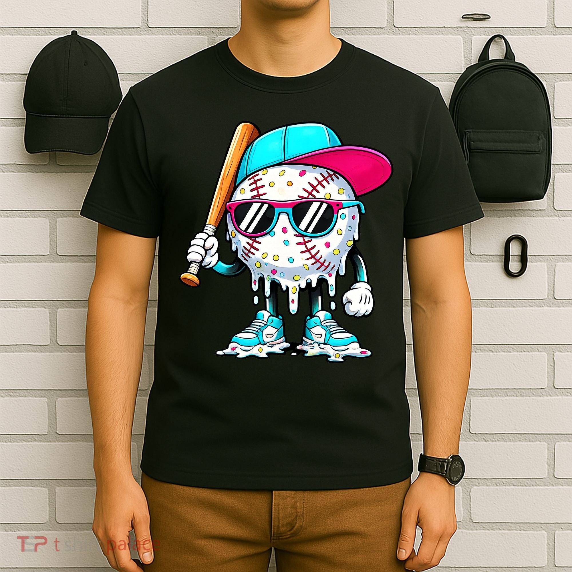Cool Baseball Life Style Ice Cream Melting Drip Graphic T-Shirt