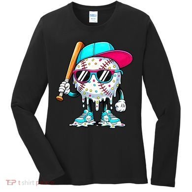 Cool Baseball Life Style Ice Cream Melting Drip Graphic Women's Long Sleeve Shirt