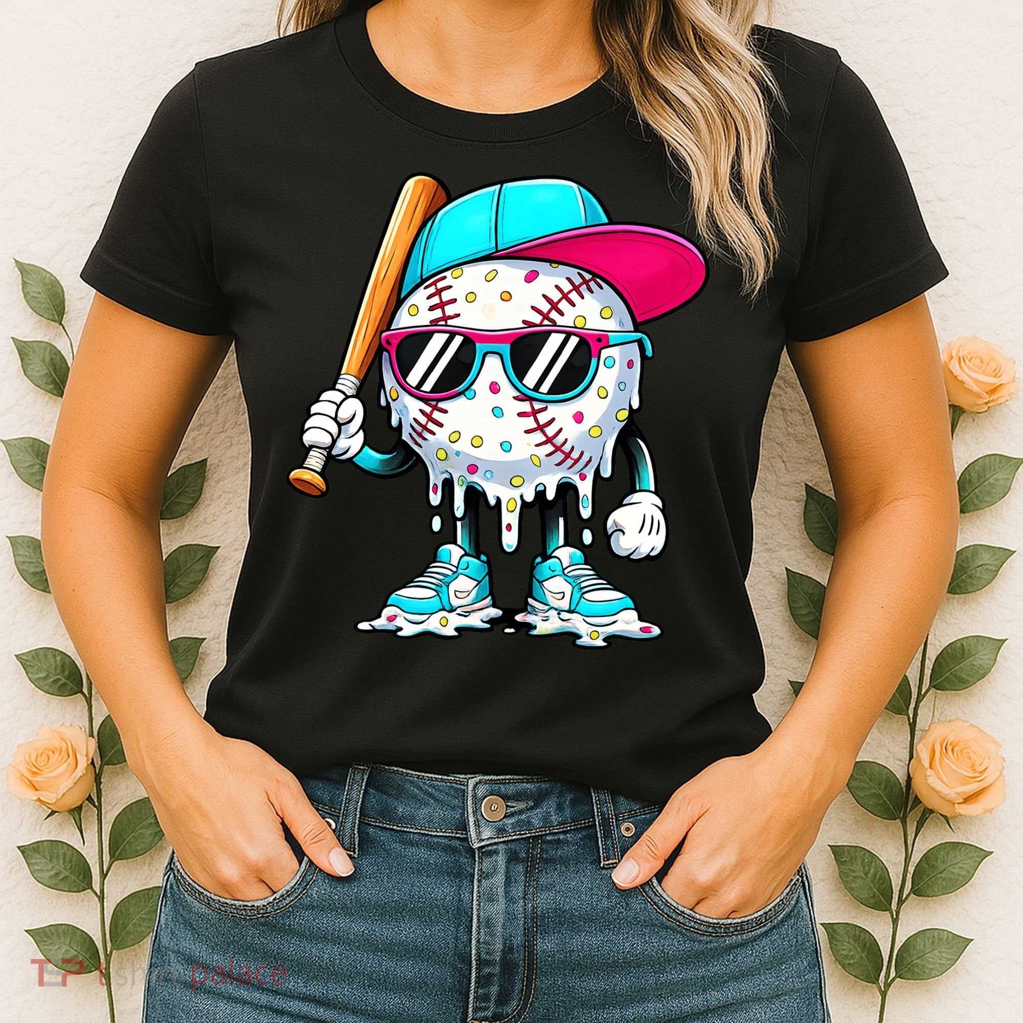 Cool Baseball Life Style Ice Cream Melting Drip Graphic Women's T-Shirt