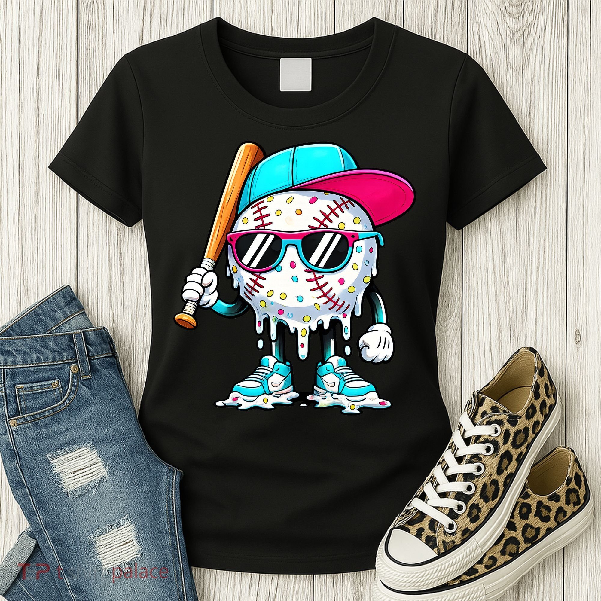 Cool Baseball Life Style Ice Cream Melting Drip Graphic Women's T-Shirt