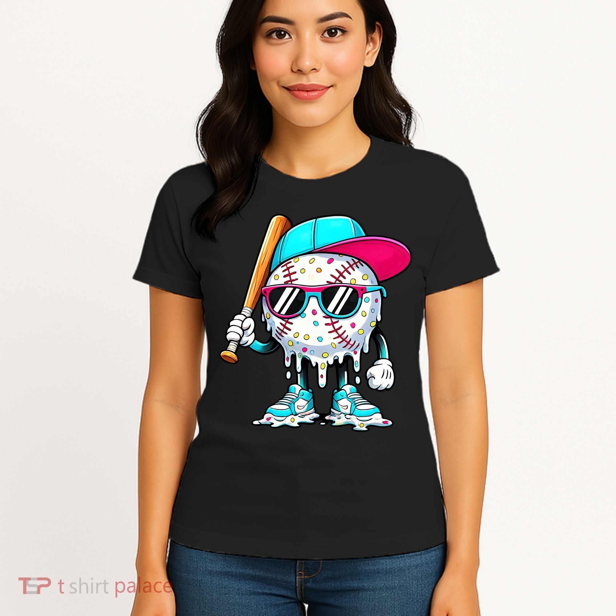 Cool Baseball Life Style Ice Cream Melting Drip Graphic Women's T-Shirt