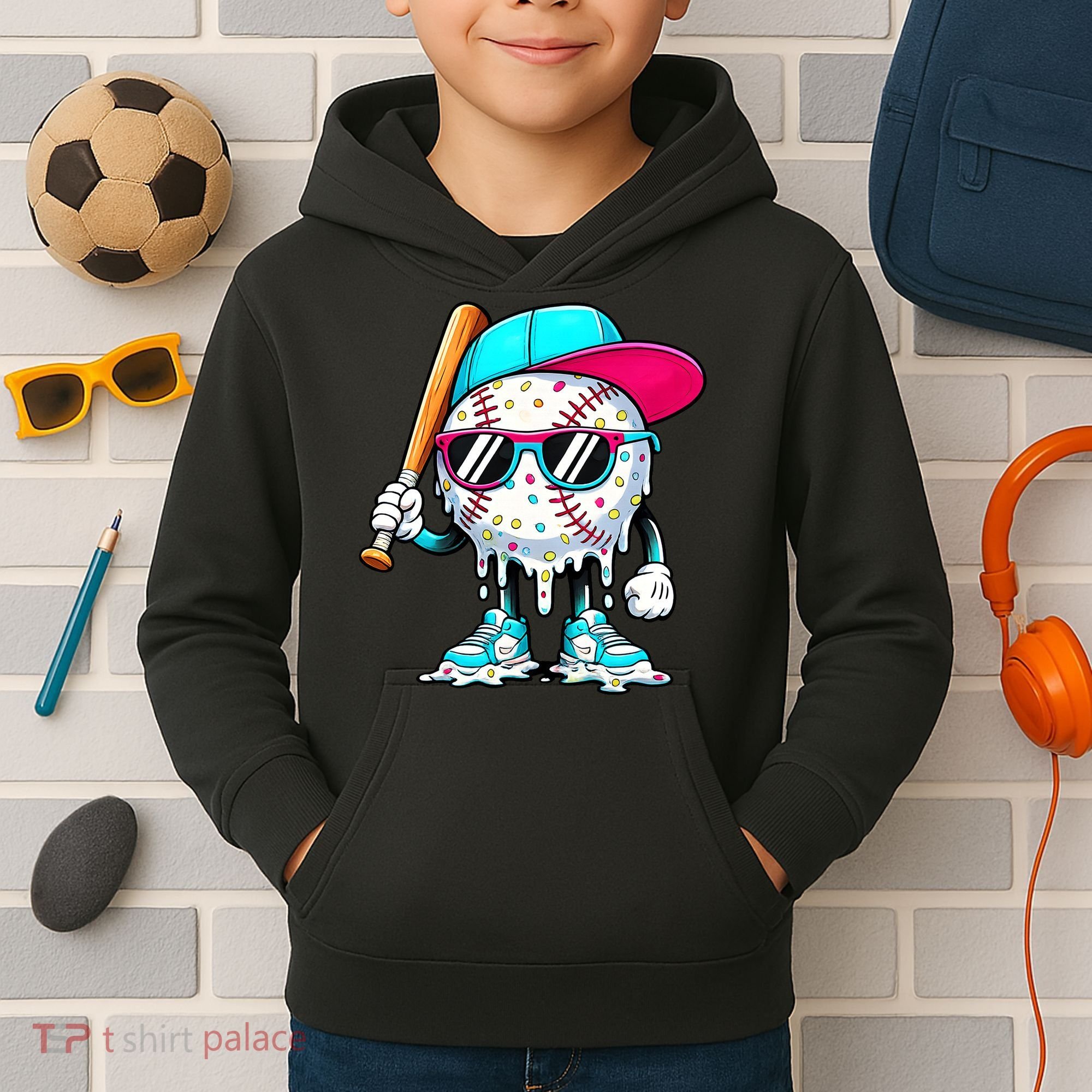 Cool Baseball Life Style Ice Cream Melting Drip Graphic Kids Hoodie