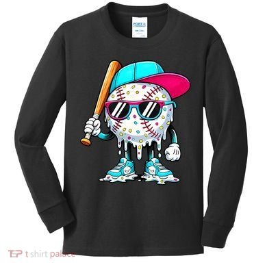 Cool Baseball Life Style Ice Cream Melting Drip Graphic Kids Long Sleeve Shirt