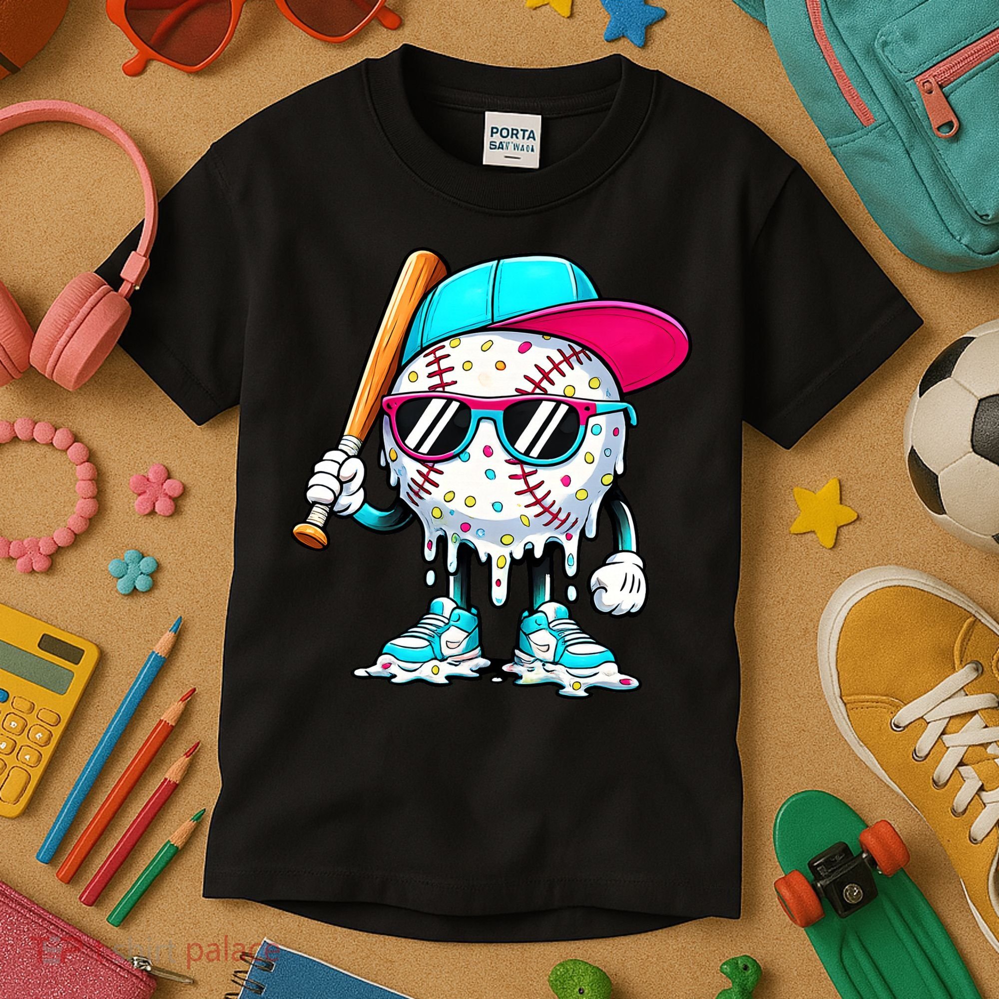 Cool Baseball Life Style Ice Cream Melting Drip Graphic Kids T-Shirt