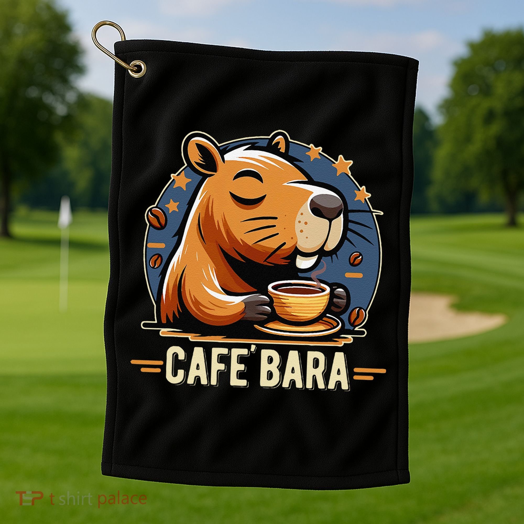 Café Bara Logo Coffee Bar Cafebara Barista Capybara Funny Golf Towel