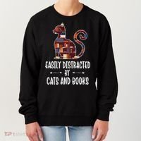 Cat Book Lovers Gift Easily Distracted By Cats And Books Cool Gift Women's Sweatshirt thumb 0