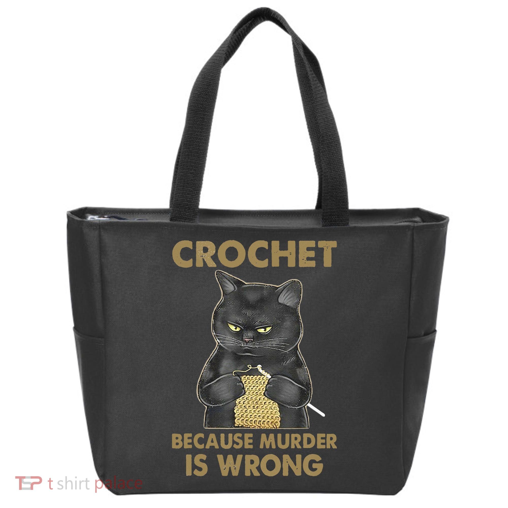 Crochet Because Murder Is Wrong Crochet Black Cat Yarn Tote Bag
