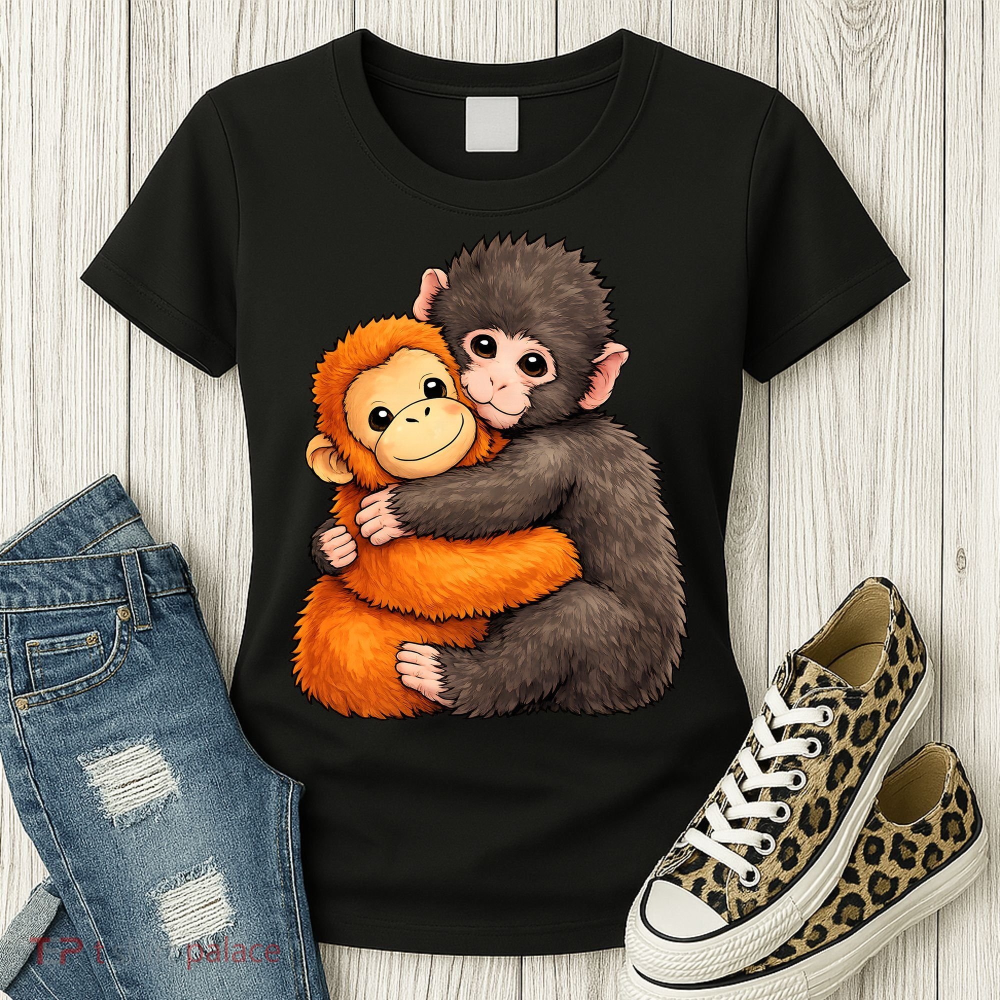 Cute Baby Monkey Punch Plush Hugging Women's T-Shirt