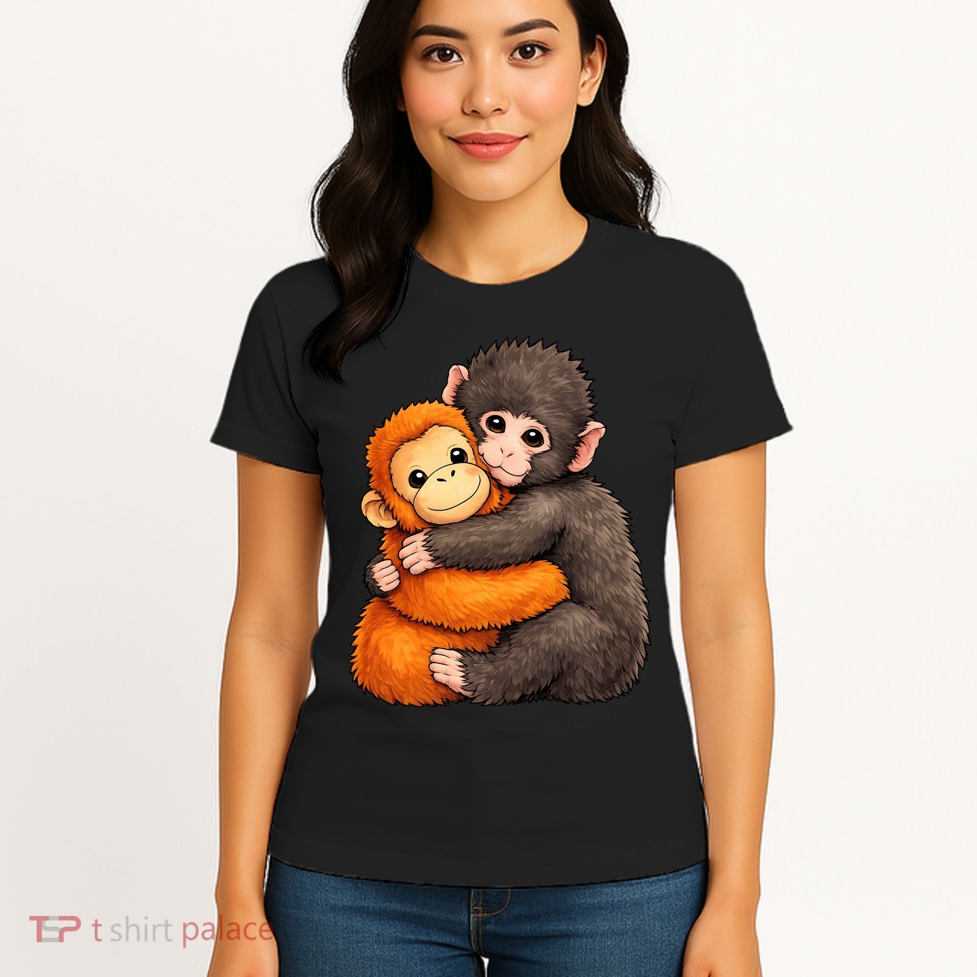 Cute Baby Monkey Punch Plush Hugging Women's T-Shirt